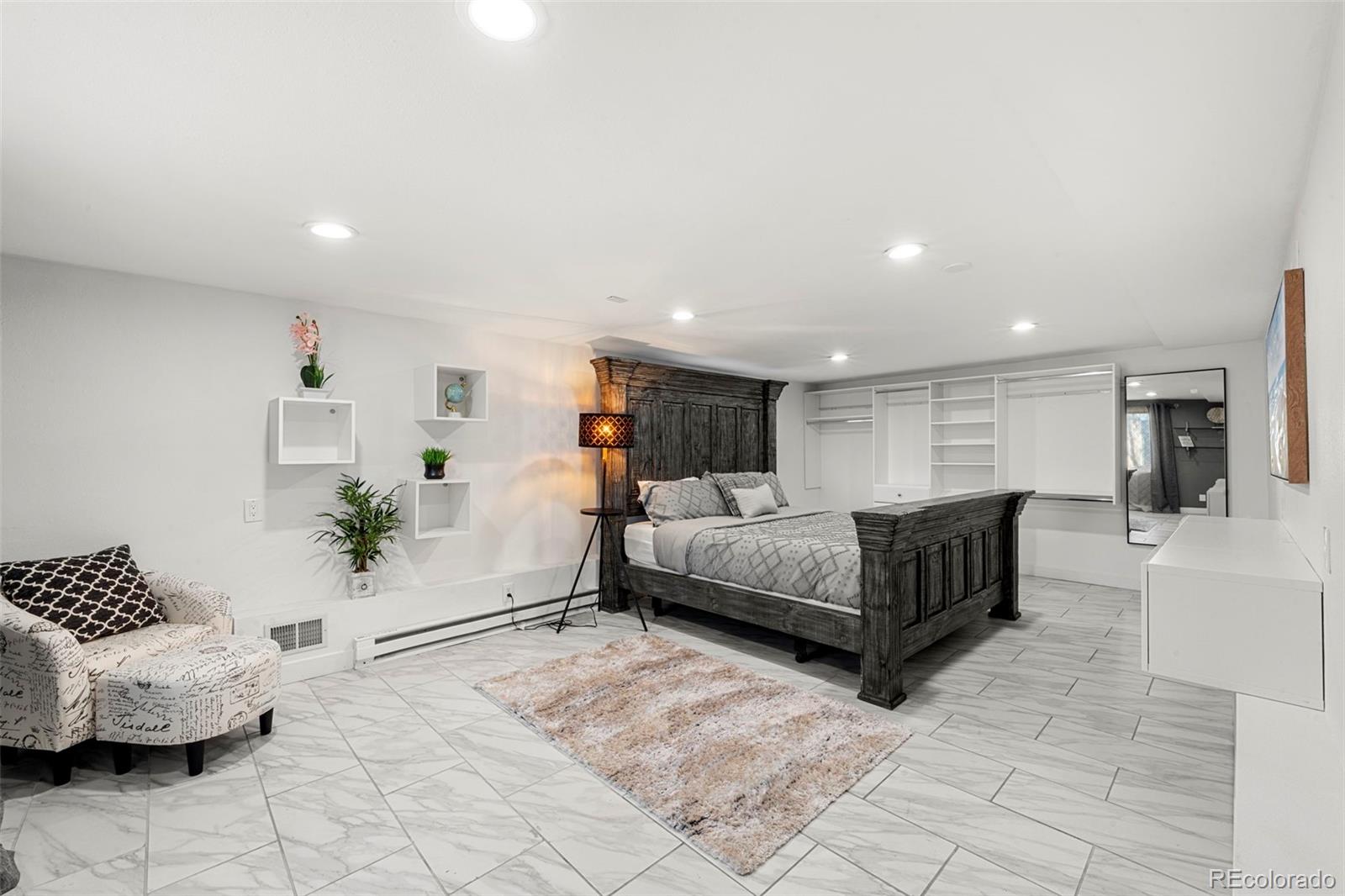 Basement bedroom with custom built in closet