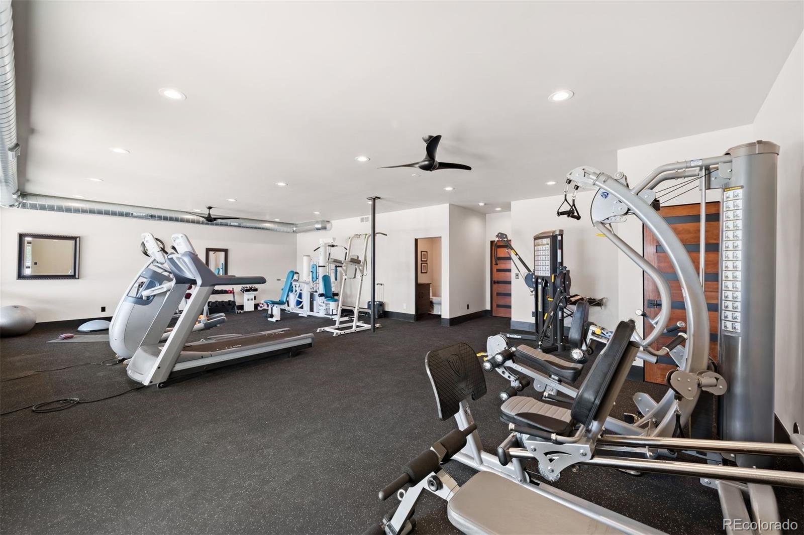 Gym with powder bathroom.