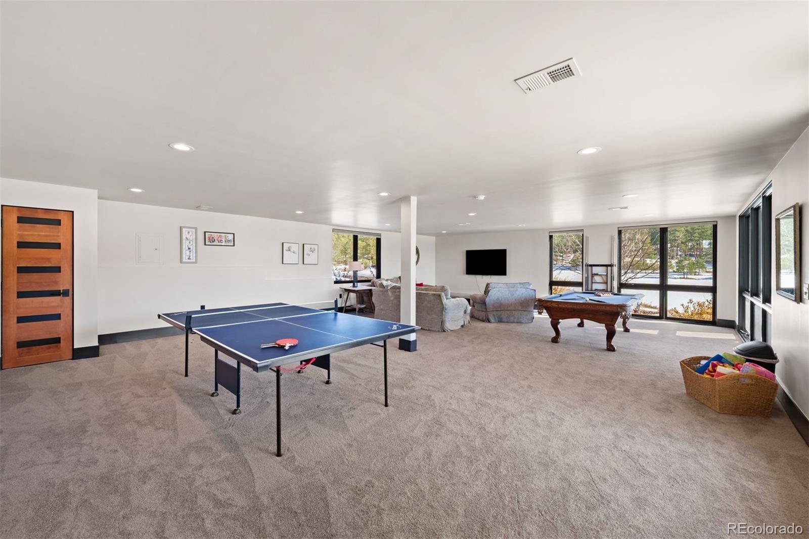 Lower level recreation room with walk-out to hot tub.