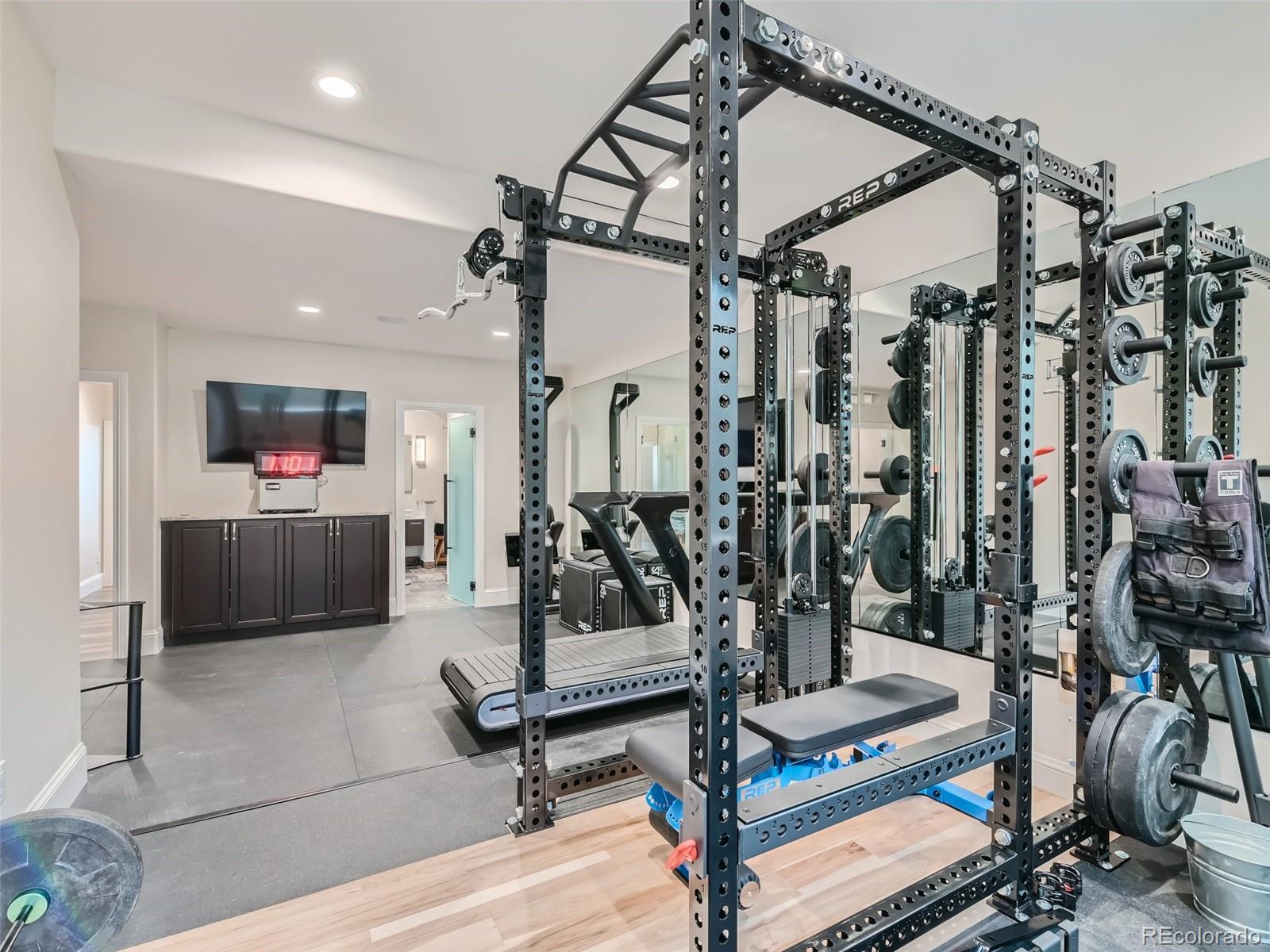 Large workout room with rubber matted floor, mirrored walls, platform, rig, adjacent spa bathroom