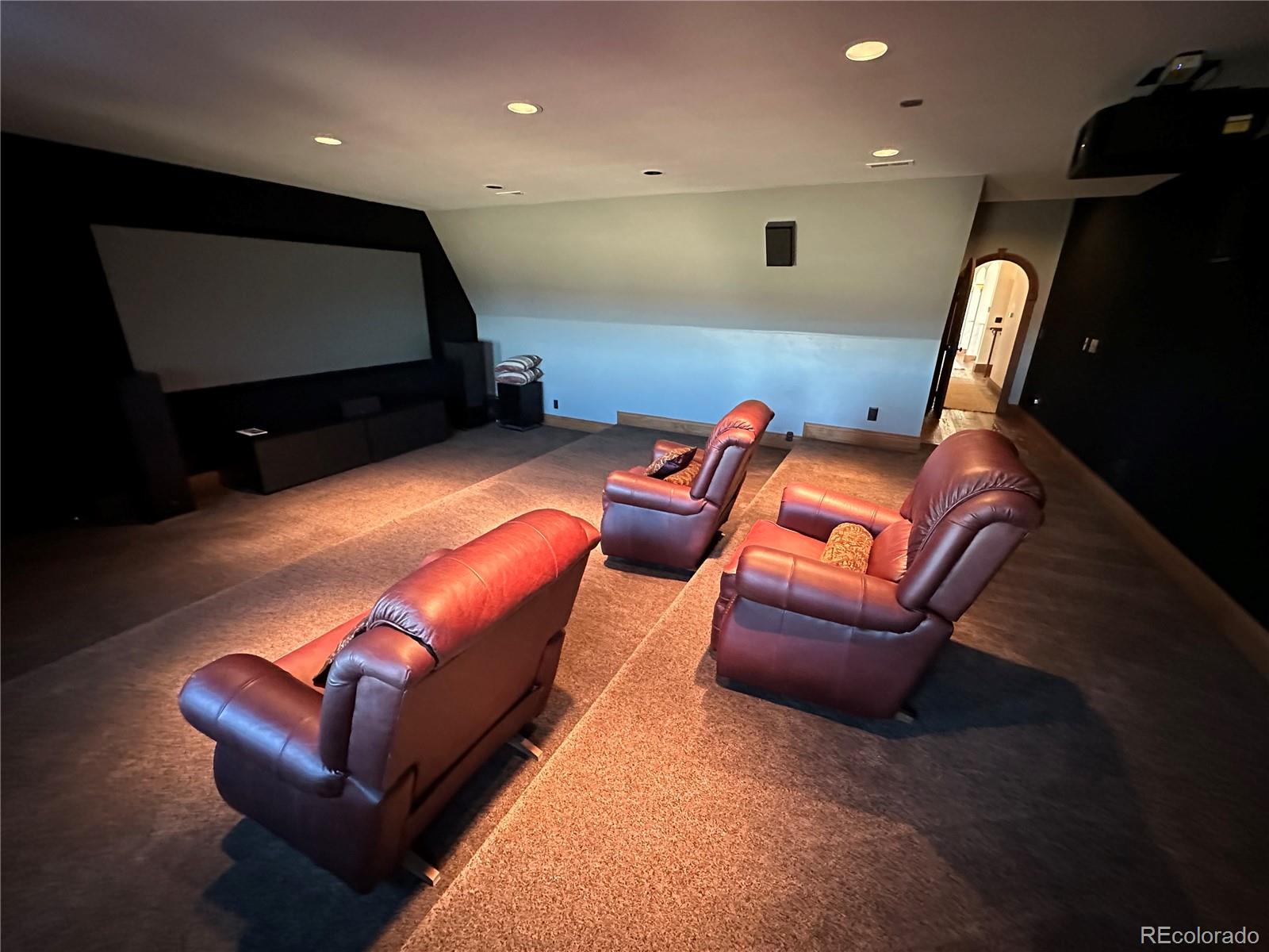 Media Room with 10ft screen, sound proofing, speakers and theater seating.