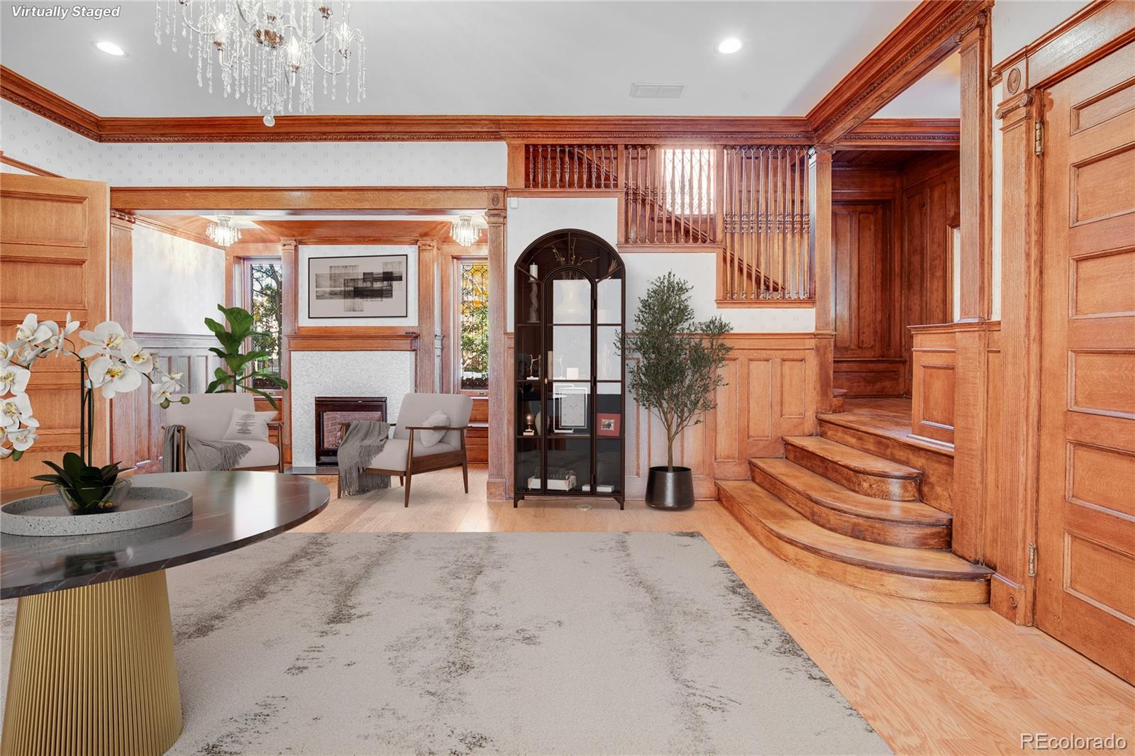 stage front entry with fireplace, original millwork