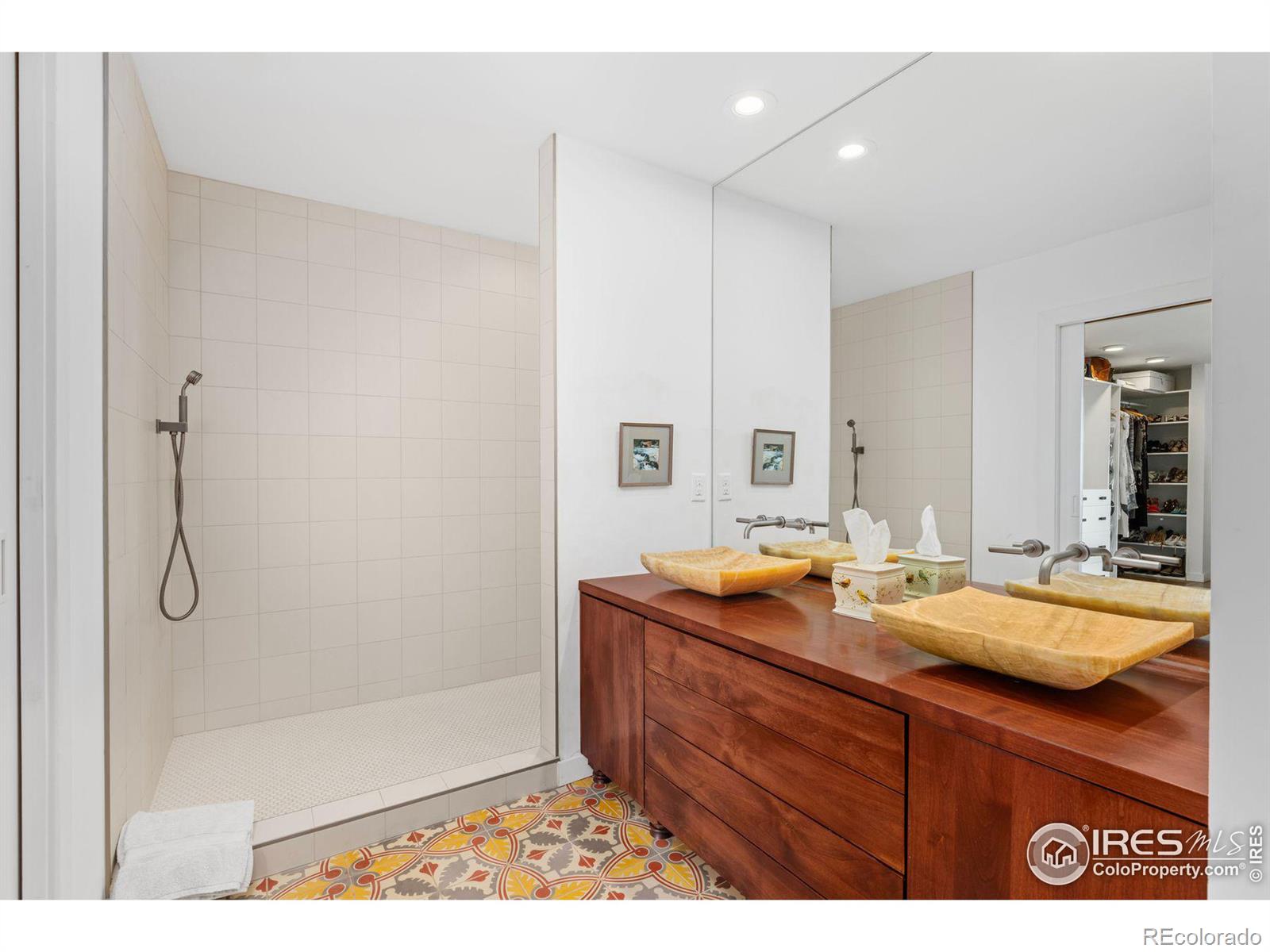 Primary Bath with Custom Italian Floor Tiles, Large Walk-In Shower