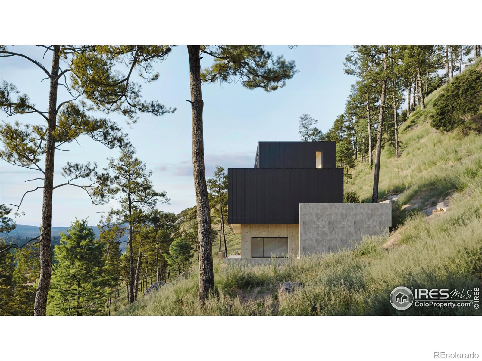 A fa ade of exposed architectural concrete and fire-resistant standing-seam steel siding creates a striking juxtaposition with the surrounding landscape, while a long driveway and attached 2-car garage add abundant parking to this hillside Boulder beauty