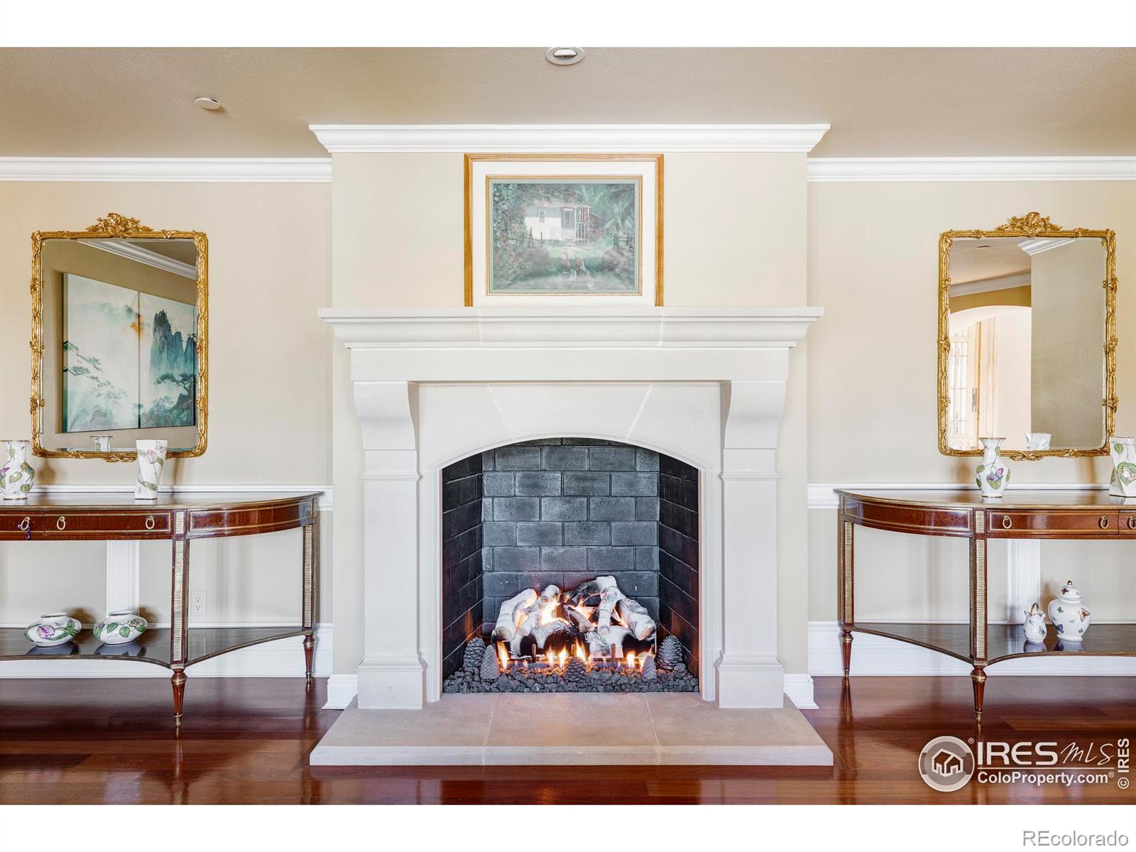 Living room fireplace detail.