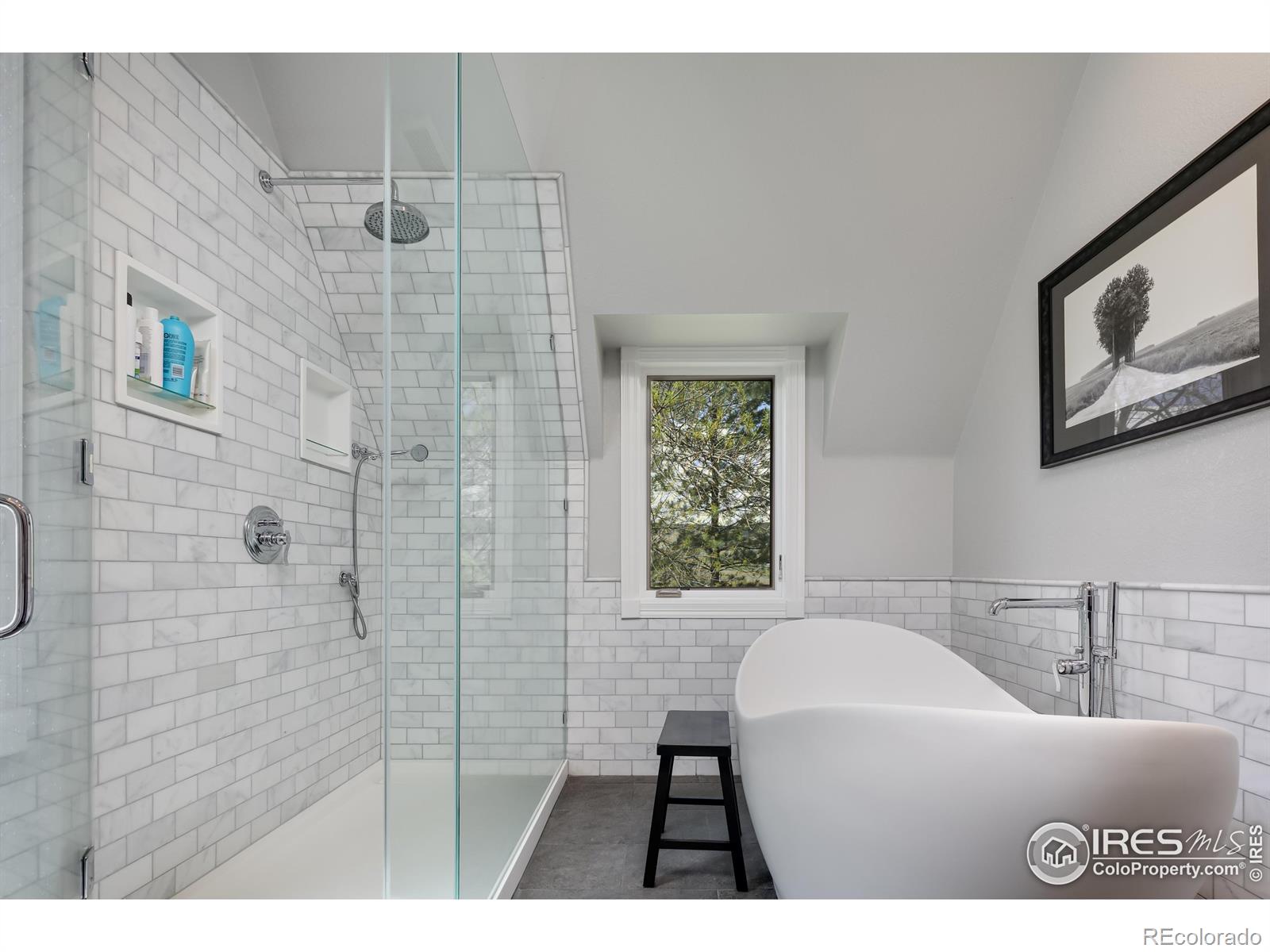 Primary retreat with radiant heated floor, MTI Stone shower basin & 6 Juliet tub w/ Graff filler, marble subway tile + custom cement sink trough