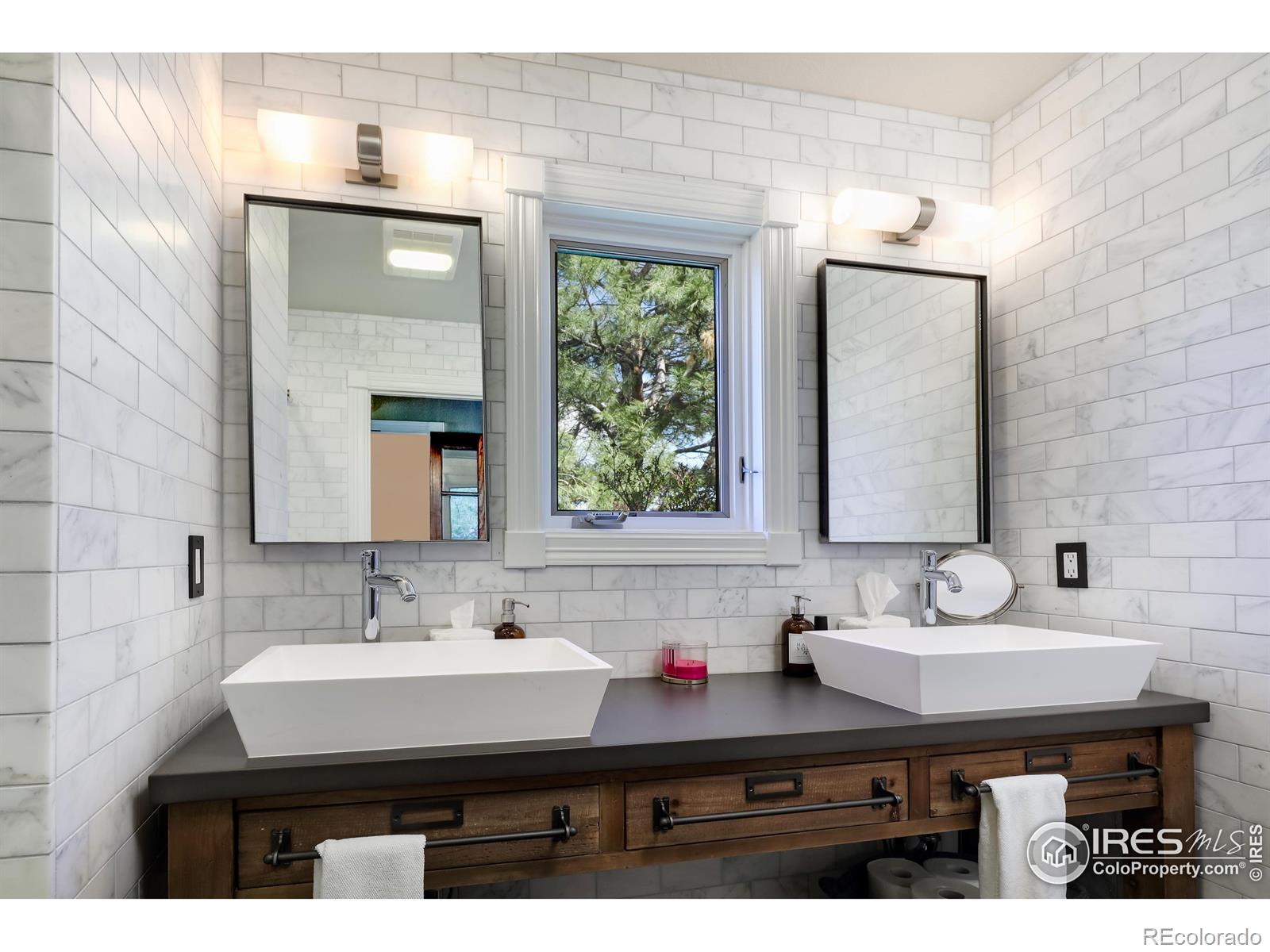 Den Bathroom 3 - RH vanity and MTI sinks, MTI stone shower basin and marble tile surround, Italian tile floor