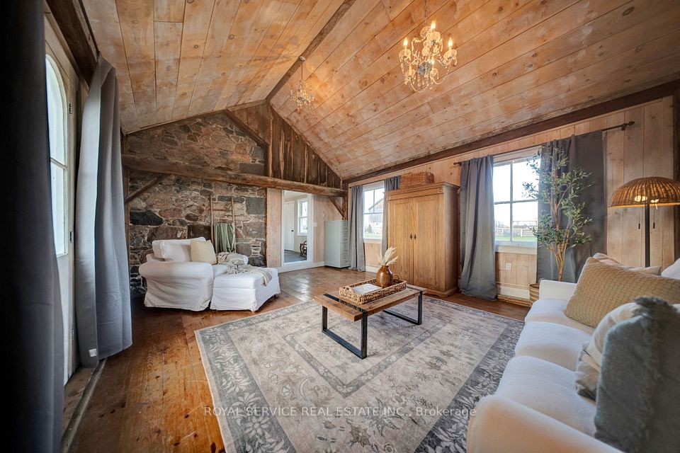 Stone Field Feature Wall, Barn Beams & many window