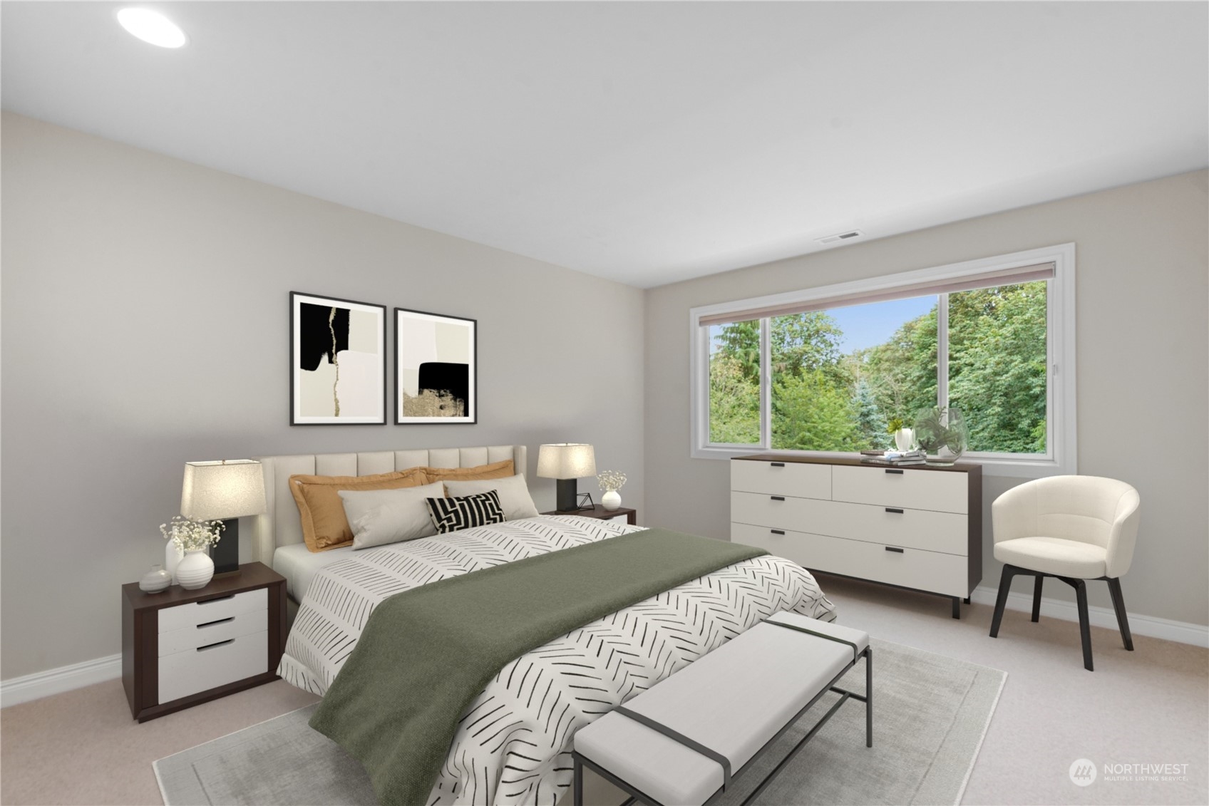 Upper level bedroom. One of five or six bedrooms, virtually staged.