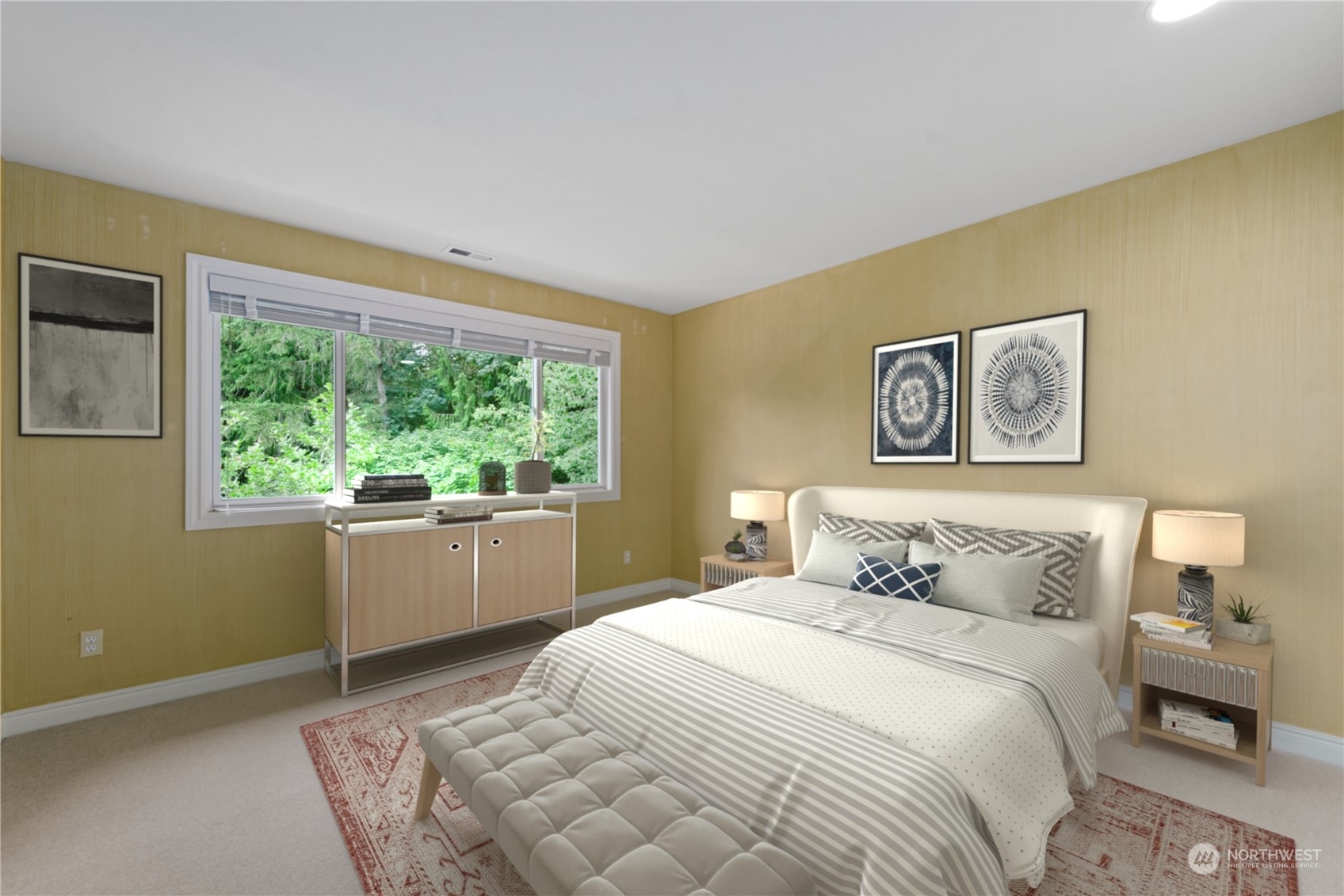 Upper level bedroom. One of five or six bedrooms, virtually staged.