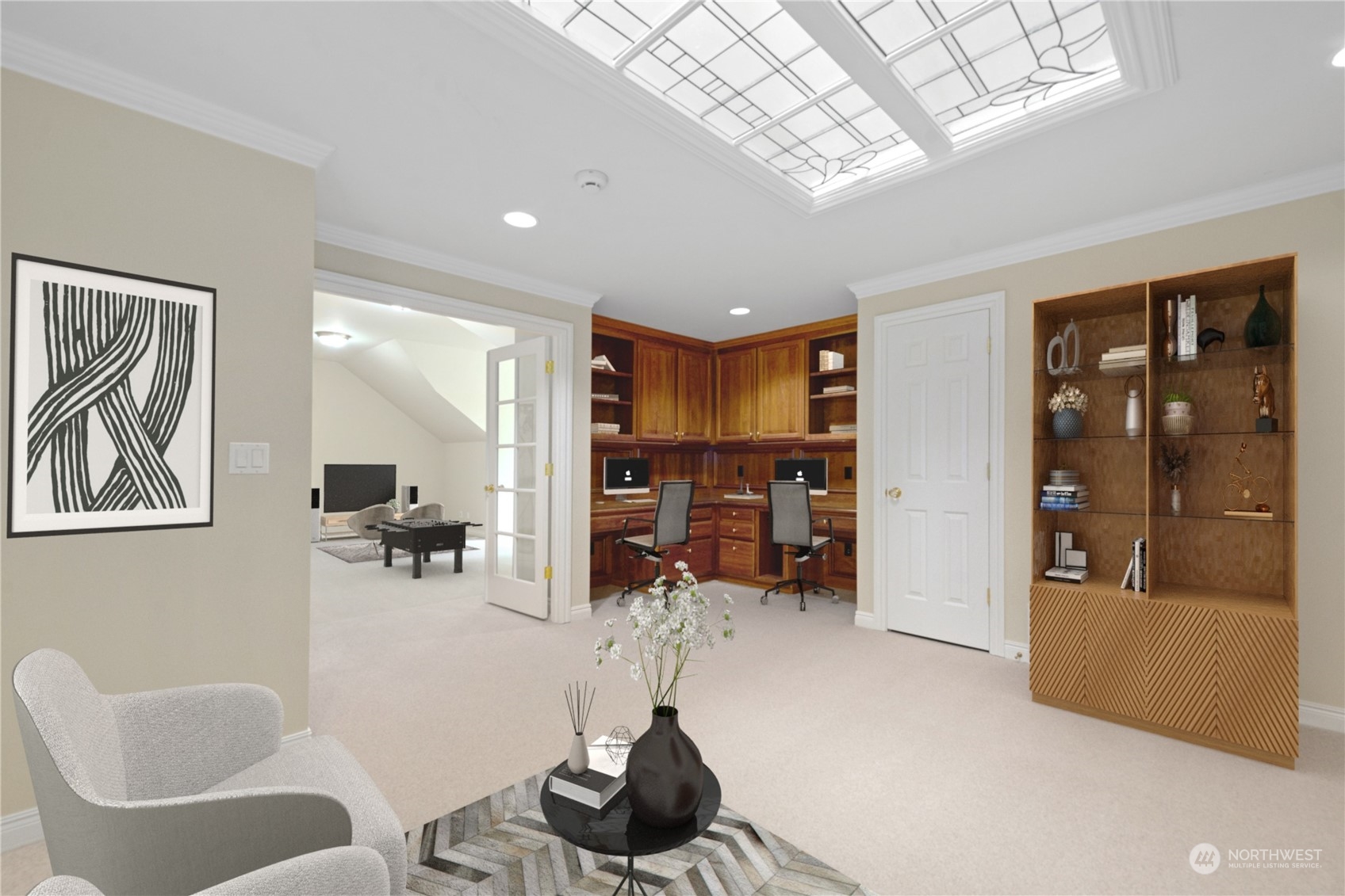 Loft/Study area with built-in desks. Virtually staged.