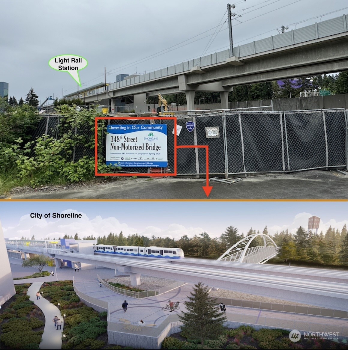 Another view of the pedestrian bridge from West of I-5 to the light rail station and that path at the left bottom corner that will lead to the house less than 120 yard away.  buyer to verify everything