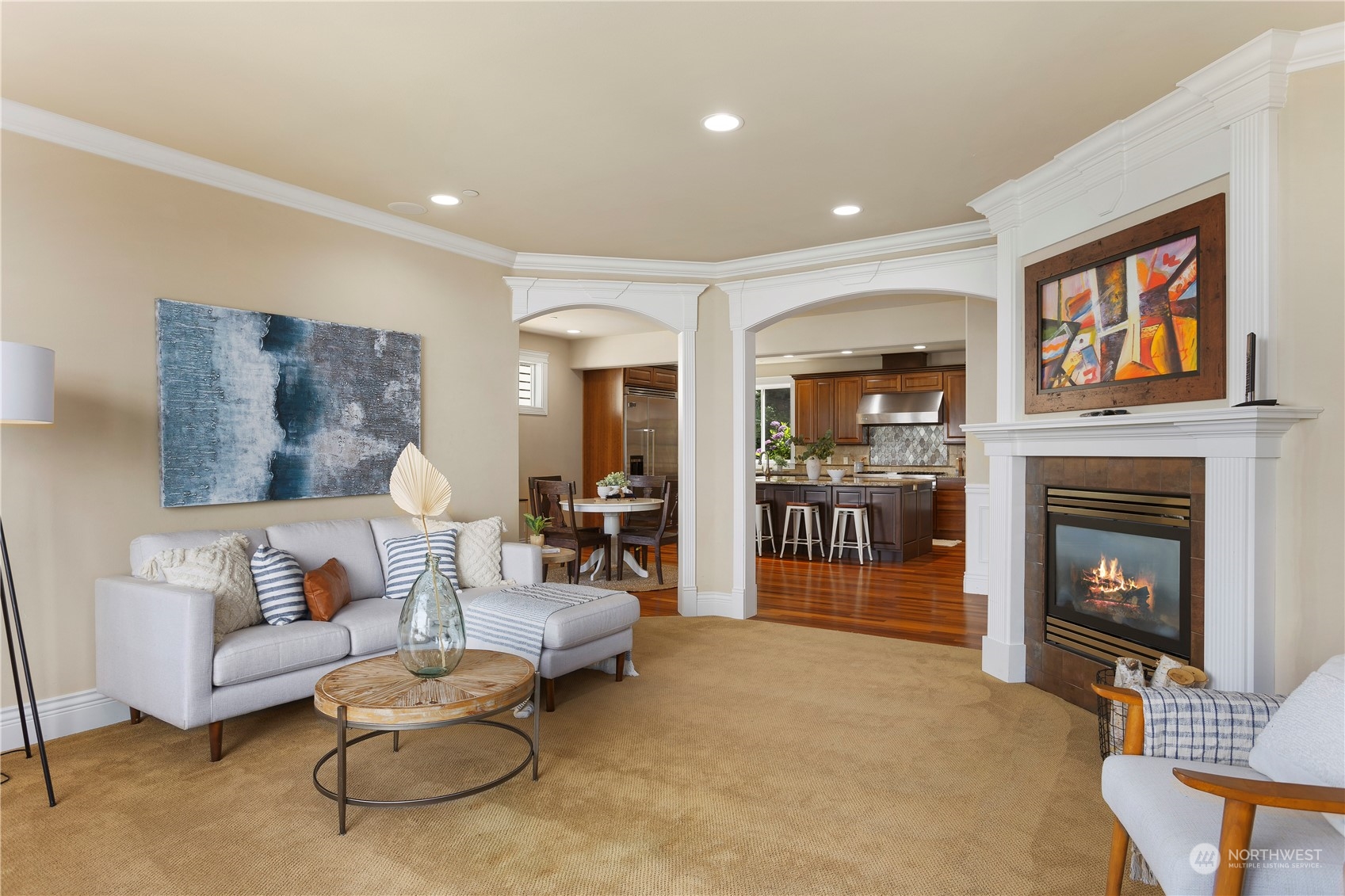 Family room looking back toward kitchen.