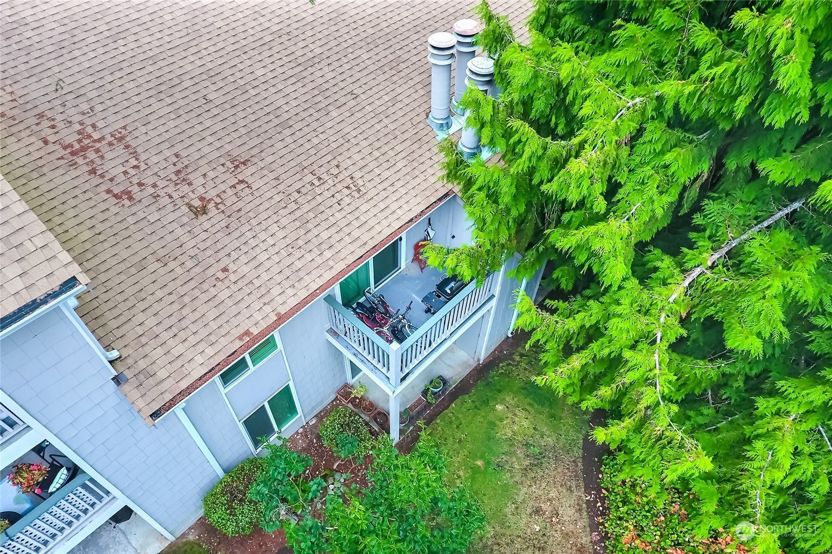 Aerial looking down at this unit's balcony.