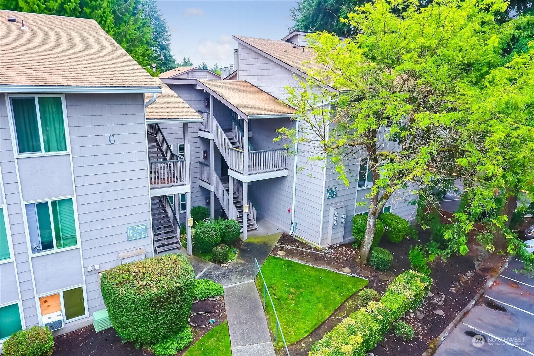 Aerial looking toward the unit on the second level.