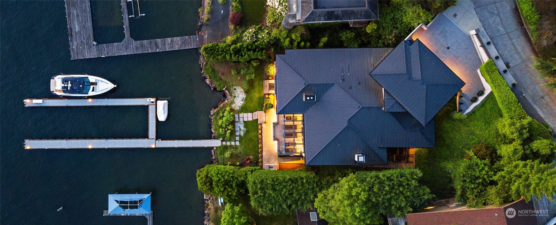 An aerial overview showcasing the property, its approach, and parking facilities.