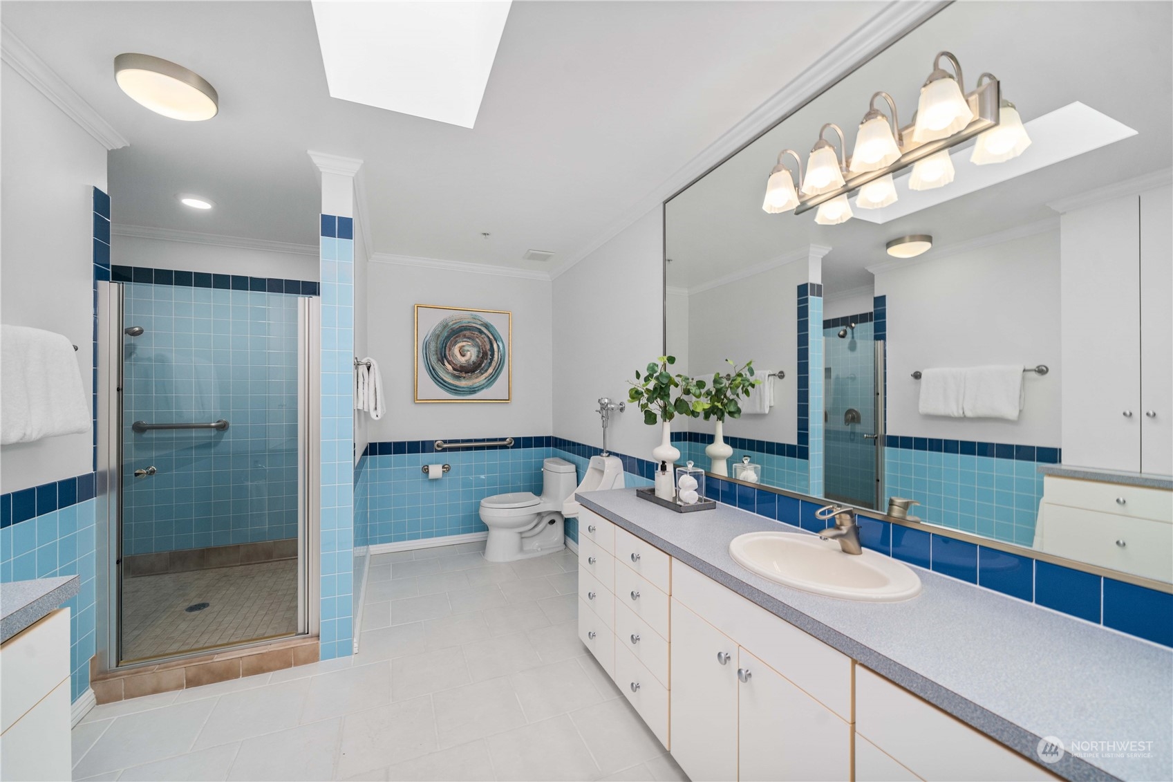 Huge vintage, tiled primary bathroom with skylight and urinal