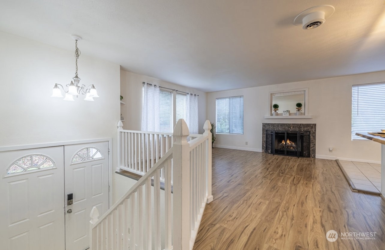 Split-Entry Level Home  Living Room w/wood-burning fireplace