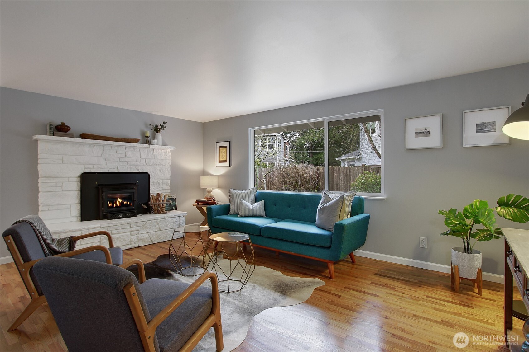 Living area with fireplace.