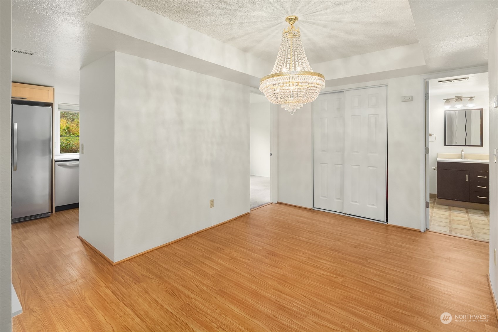 The dining room flows into the kitchen.