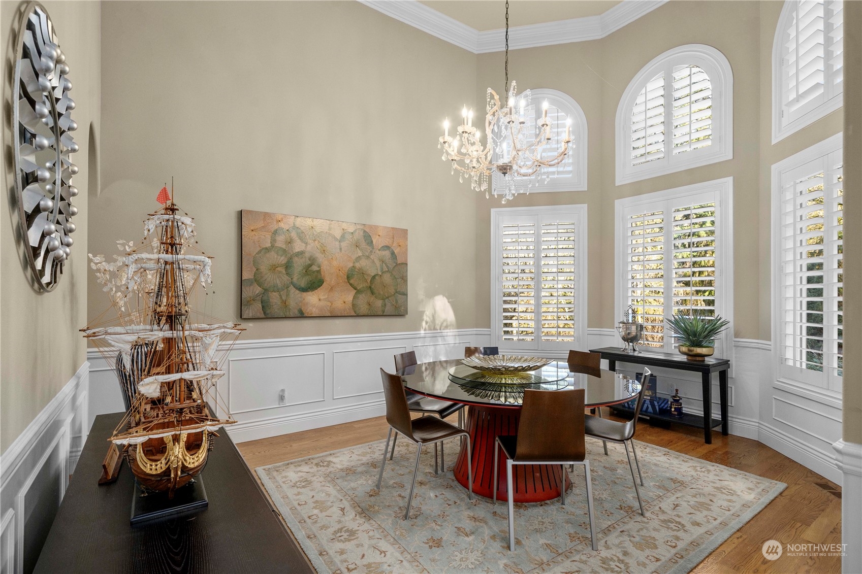 Formal dining room with stunning Swarovski lighting