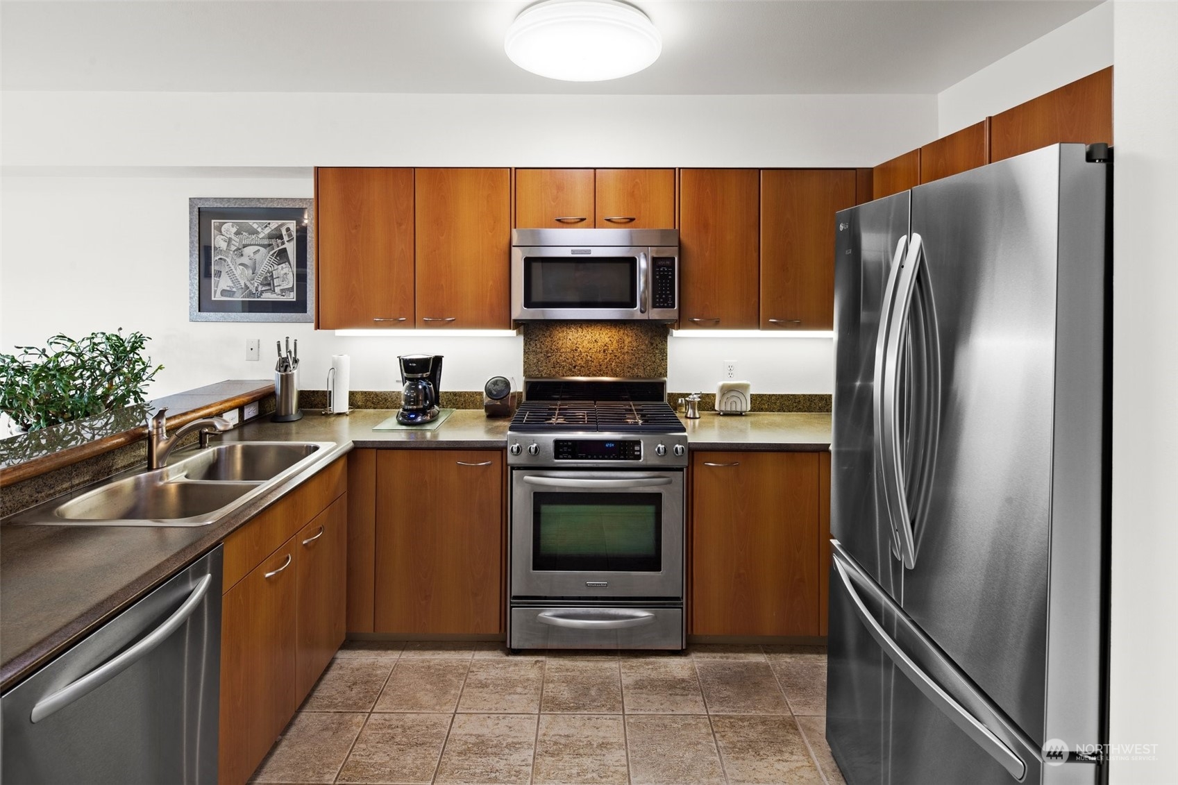 Kitchen with cherry cabinets and granite