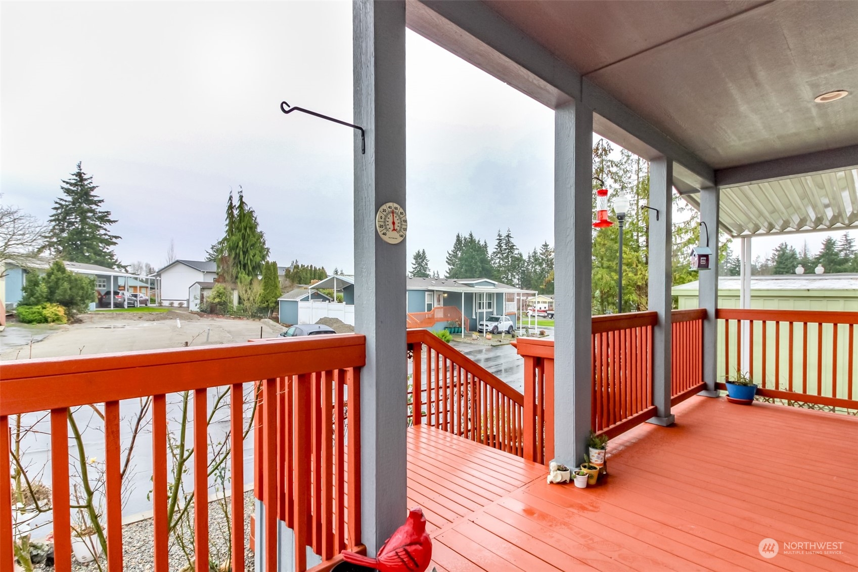 Covered porch lounge space