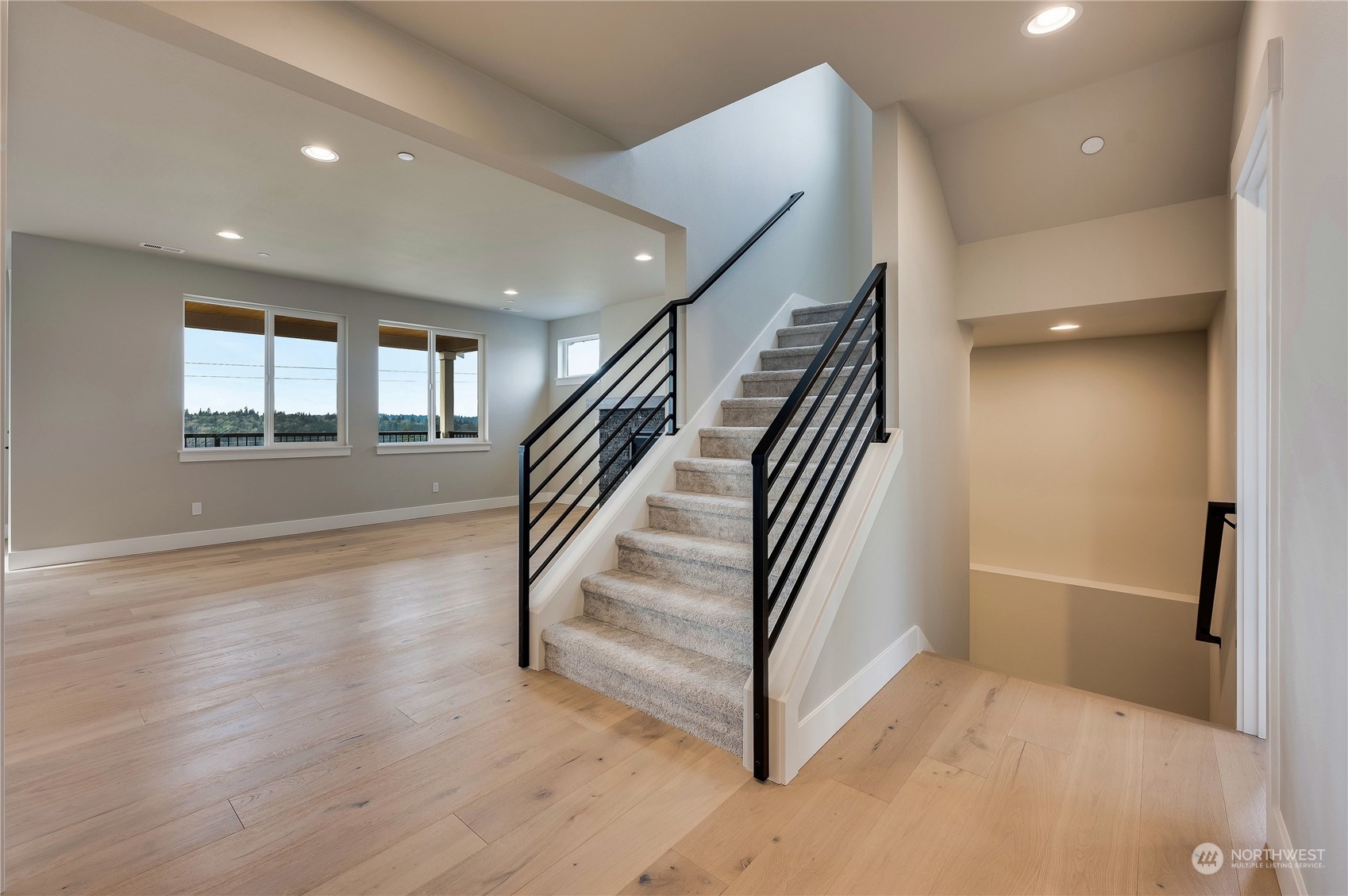 Entry Hall showing stairs up and stairs down to basement level