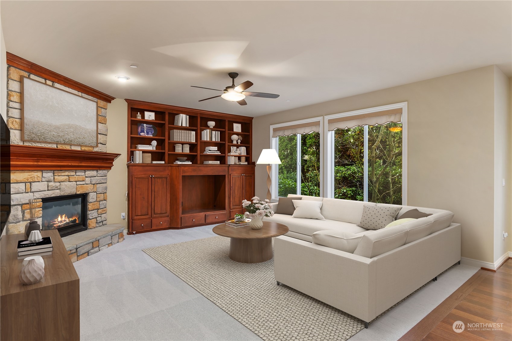 Great room-family area staged virtually