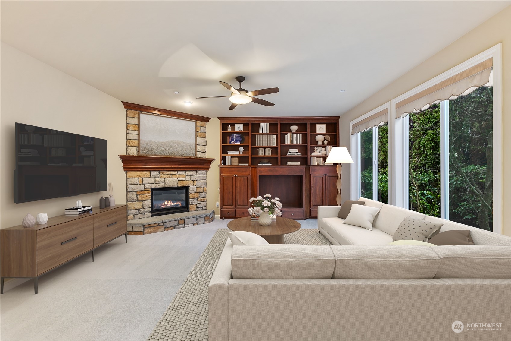 Great room-family area staged virtually