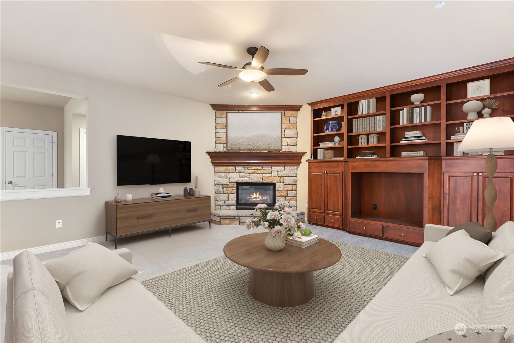 Great room-family area staged virtually