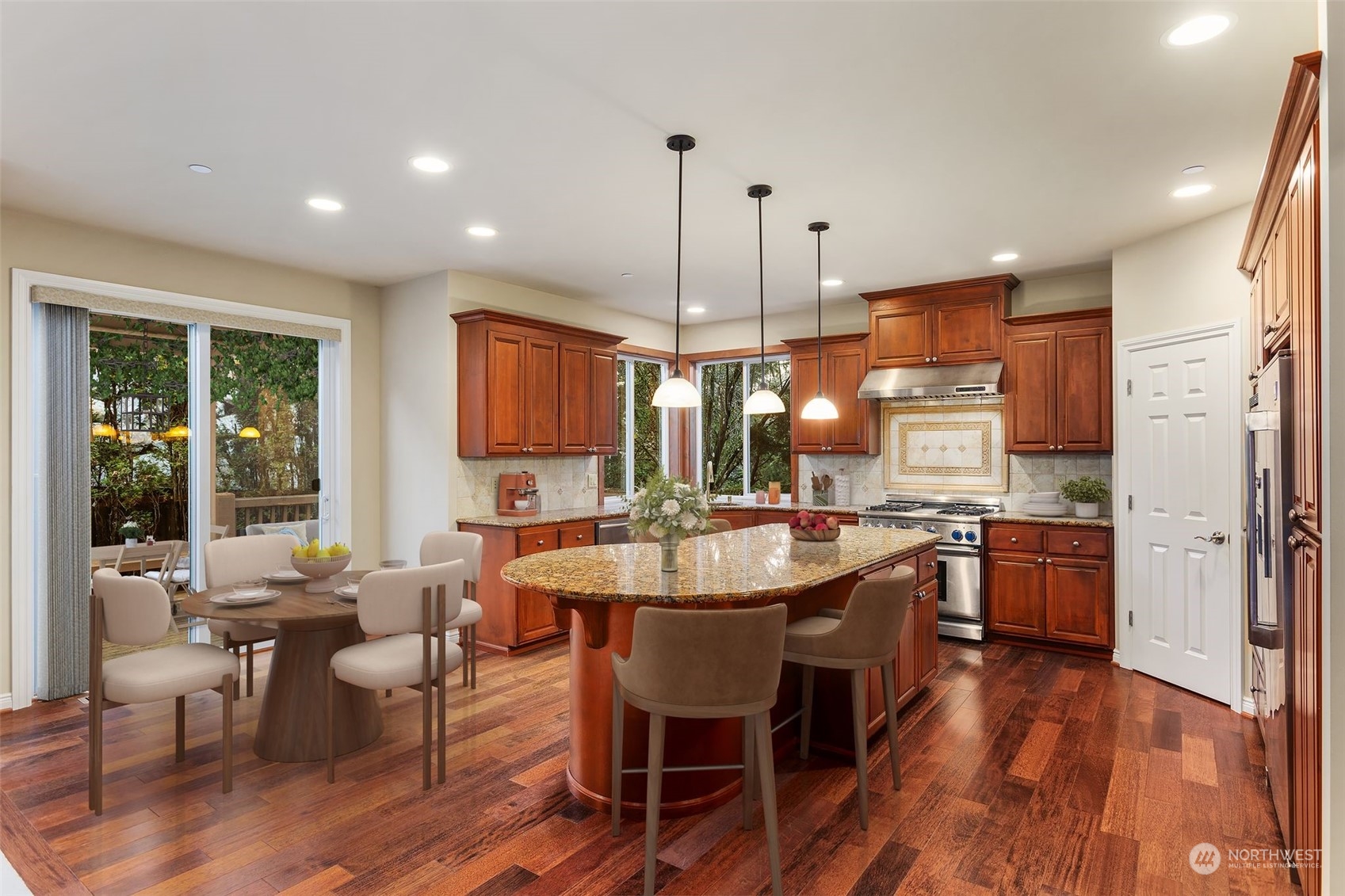 Spacious kitchen with large island-staged virtually