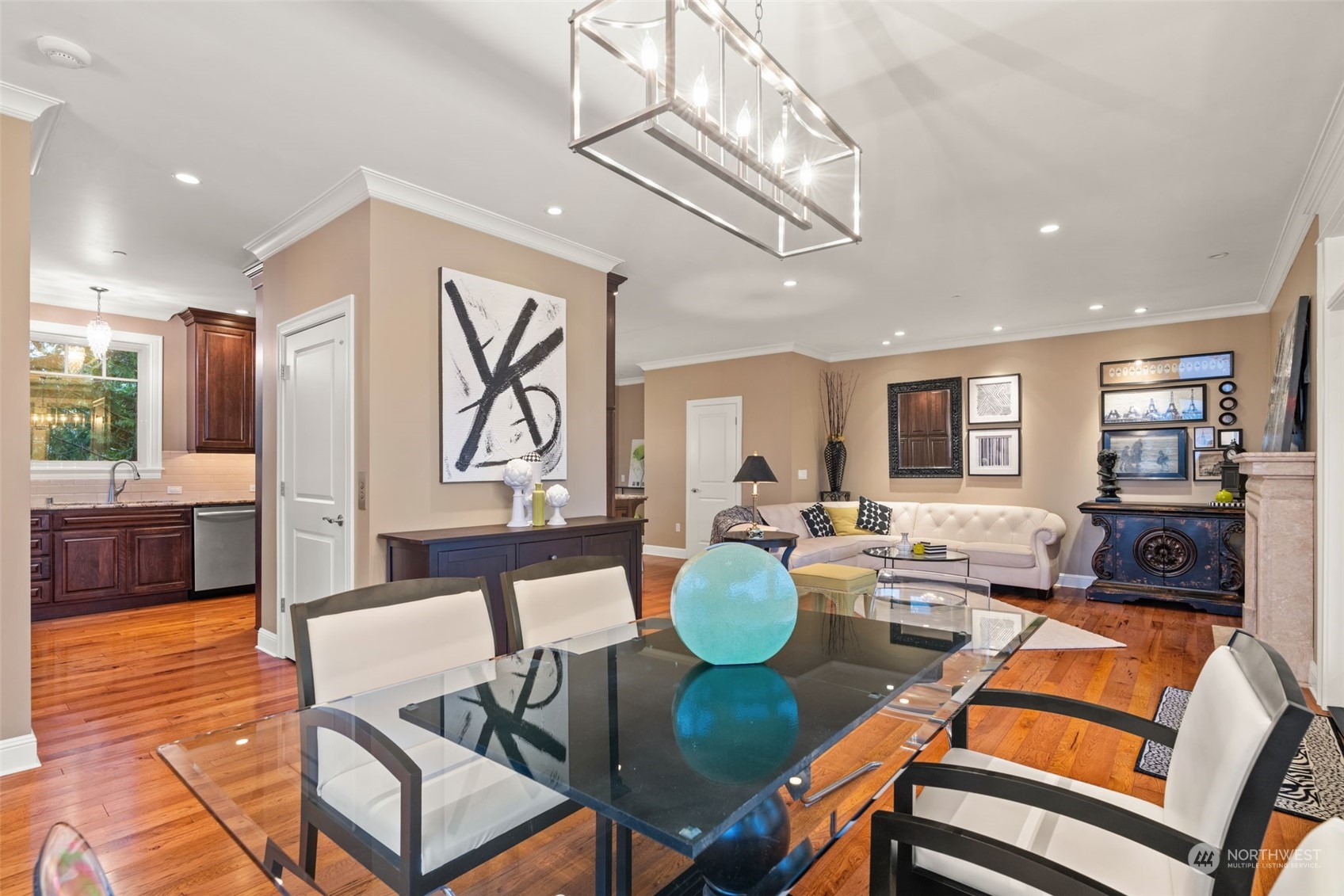 View into the family room and chef's kitchen