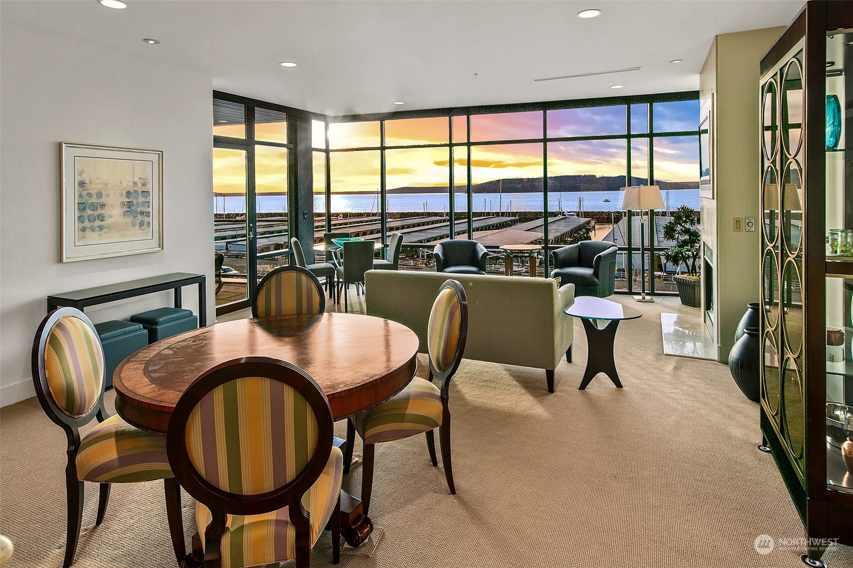 A view that includes the dining room and living rooms towards to western views.