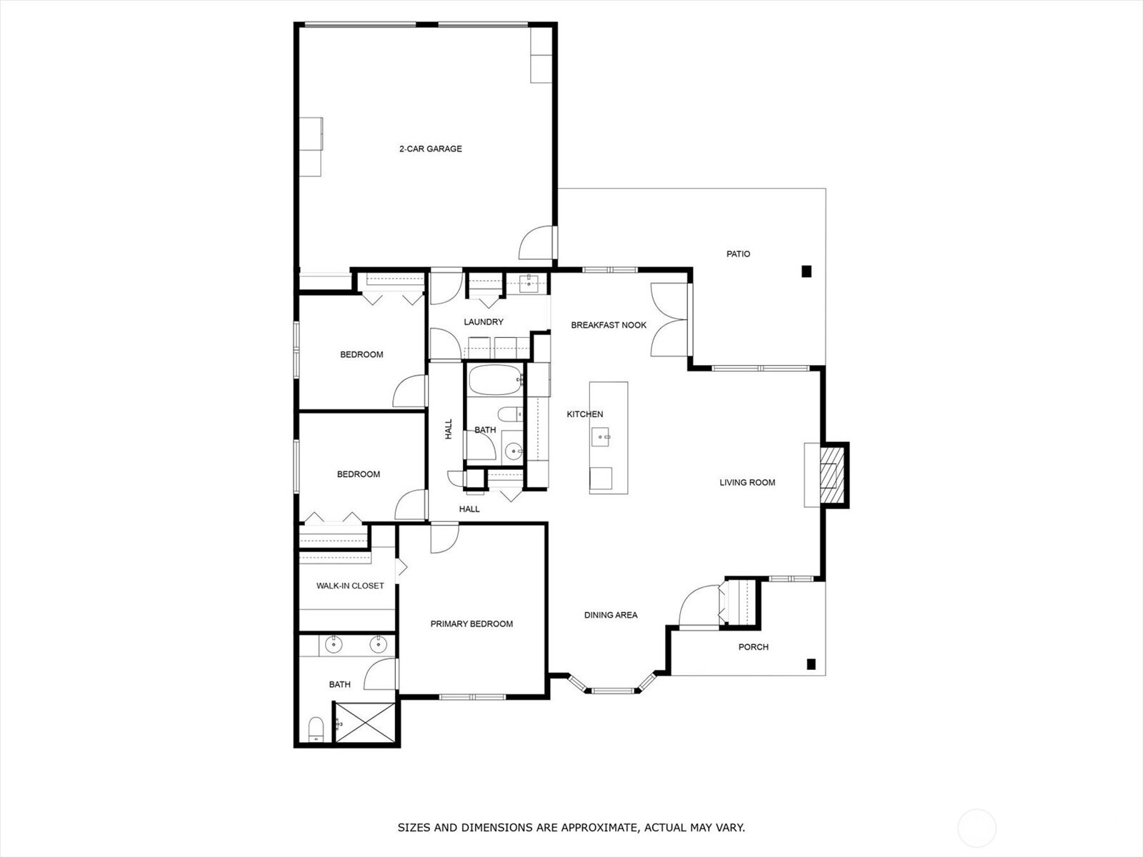 Feel instantly at home with the seamless open floor plan, featuring breakfast nook, sun-drenched living and dining areas, covered patio and porch, primary bedroom with ensuite bath, two spacious bedrooms, laundry area and 2-car garage.