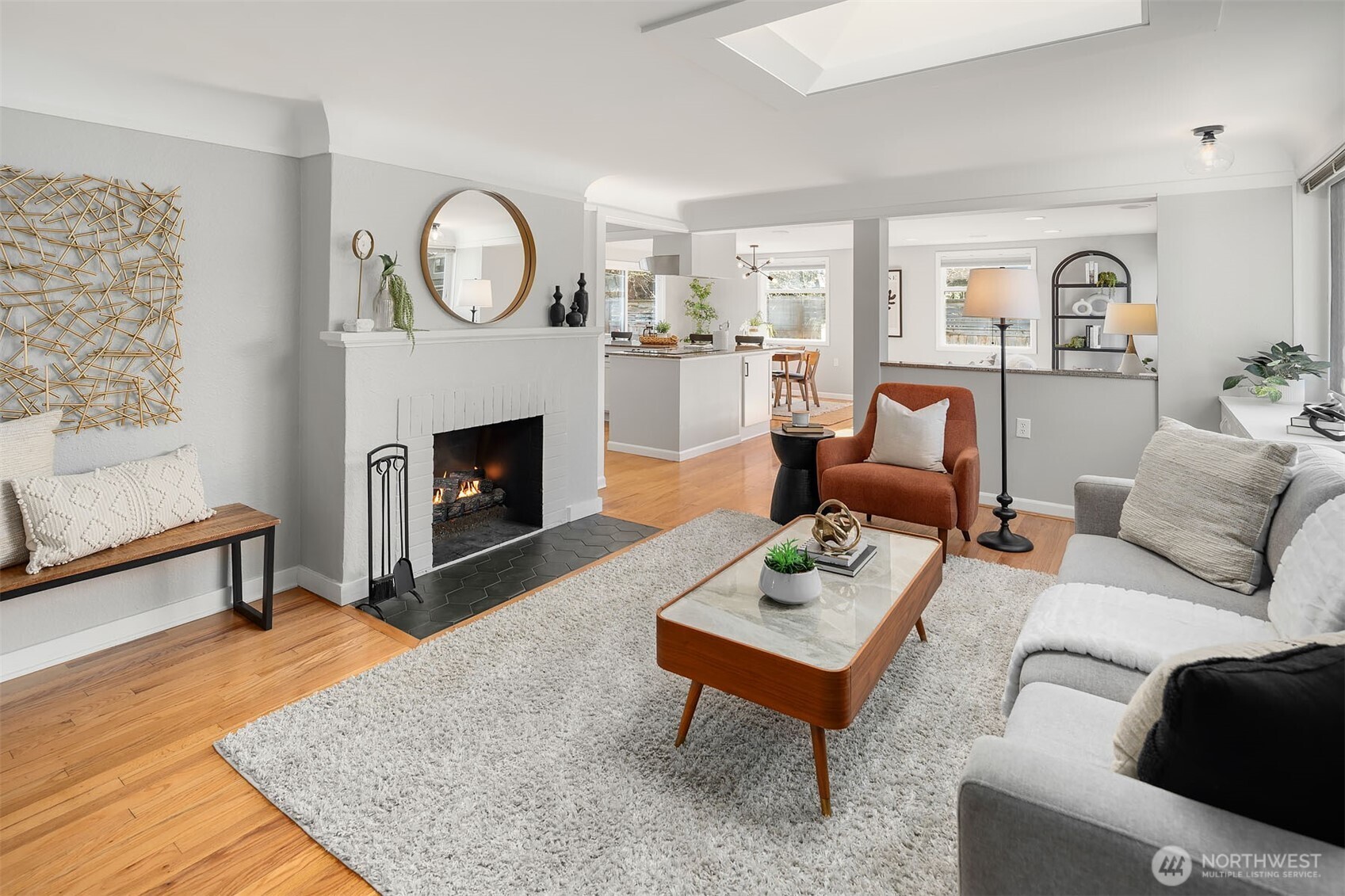 Open & bright living room with skylight