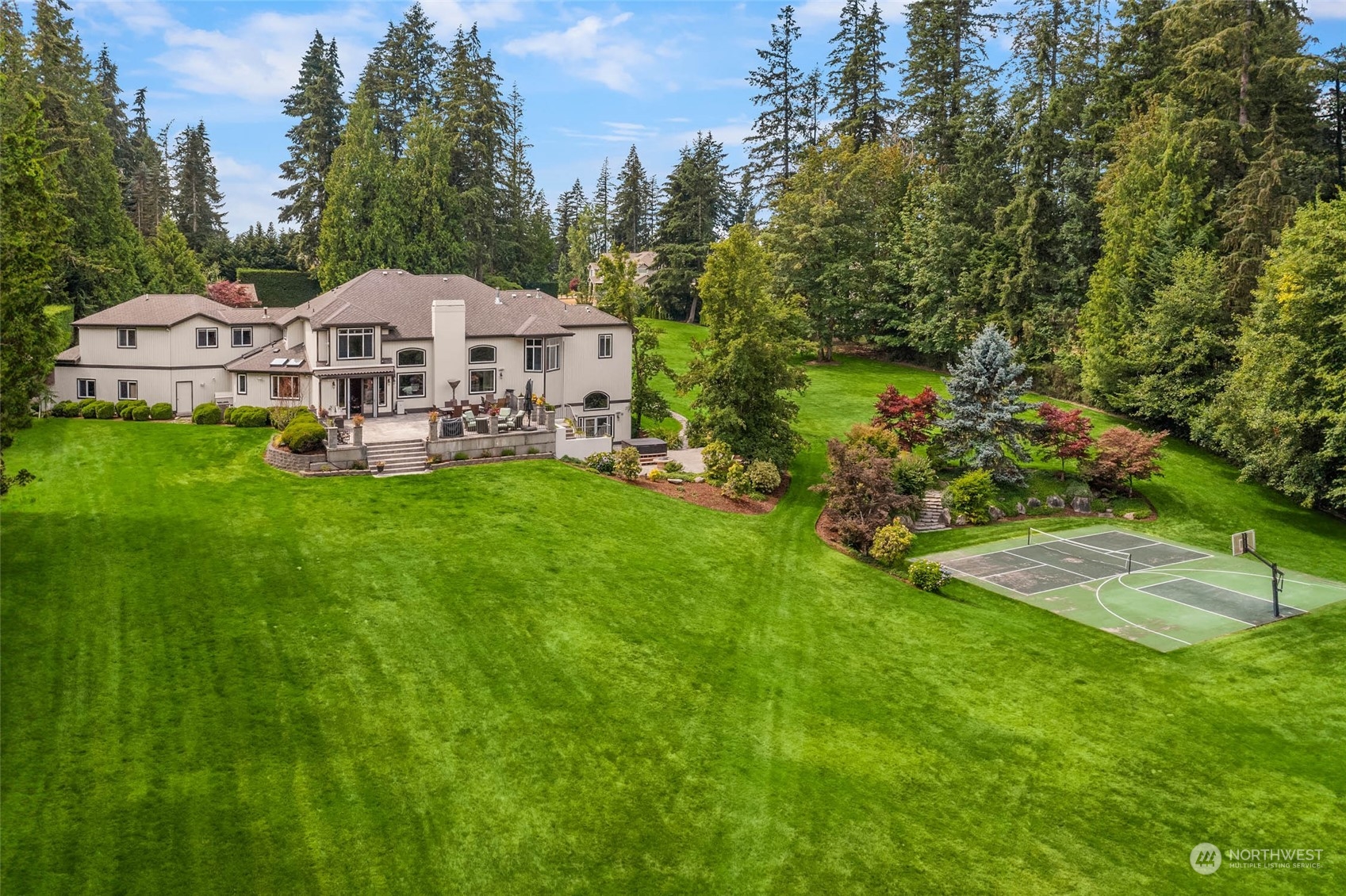 Expansive back yard with sport court