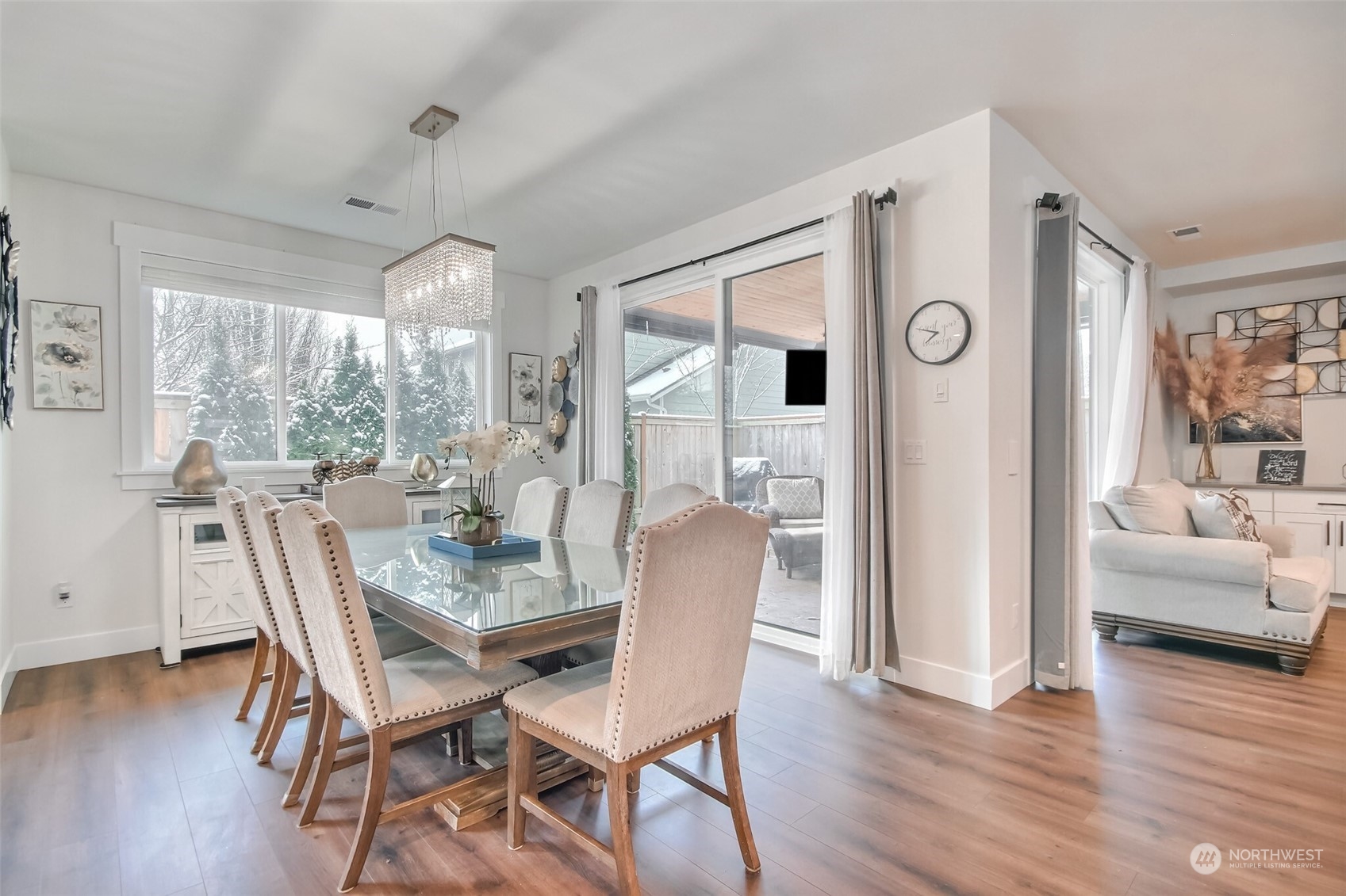 The spacious dining area comfortably fits a large table