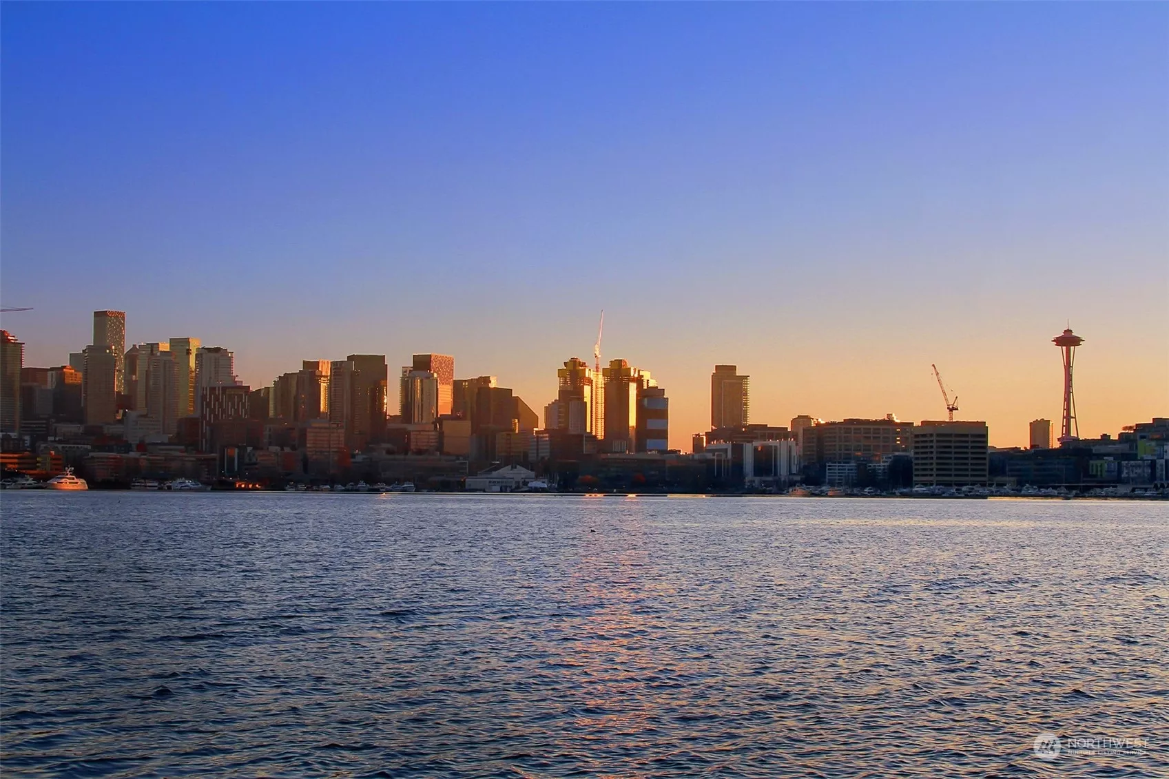 A winter sunset on Lake Union from the edge of your floating home.