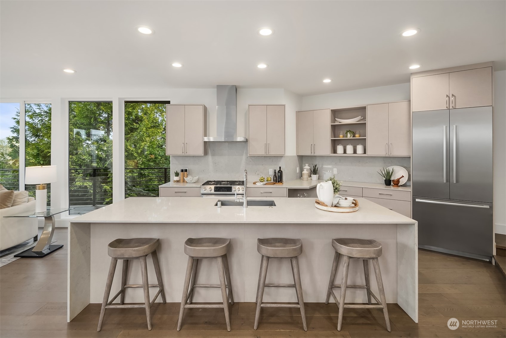 Convenient bar top seating in kitchen.