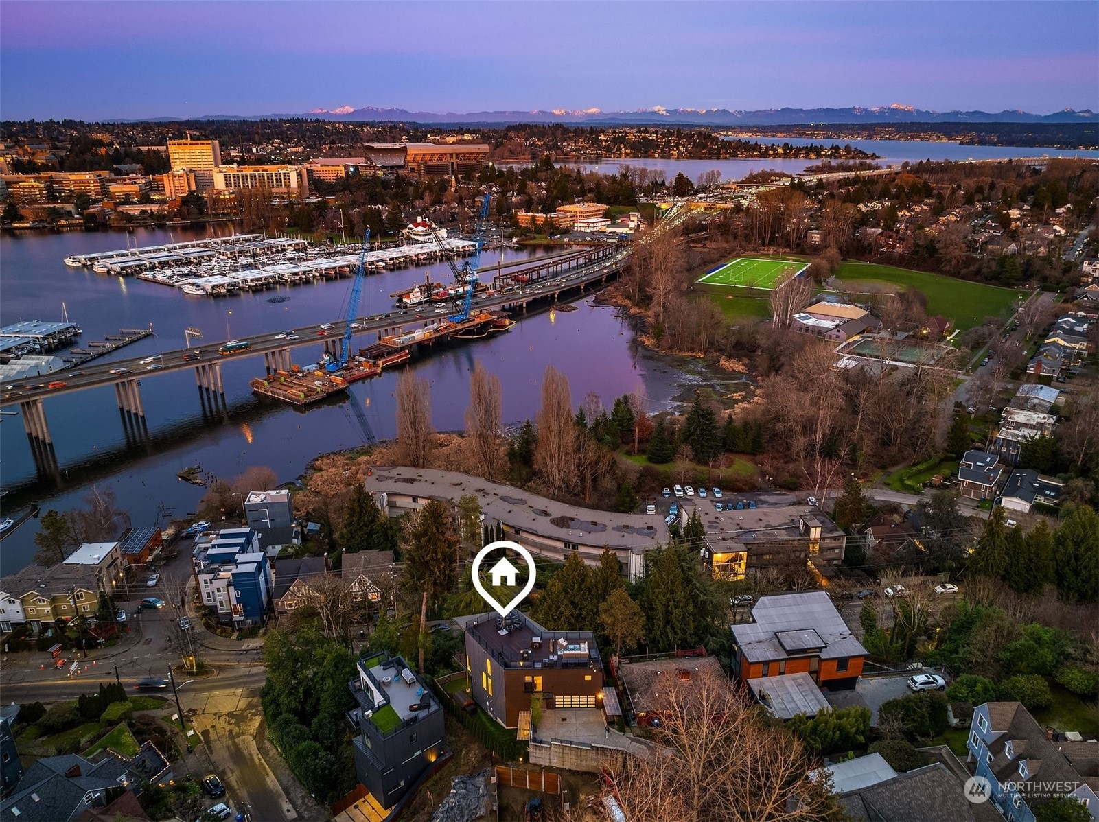 Aerial NE view towards University of Washington/Montlake Cut. Montlake Playfield is in view, as well as 520.