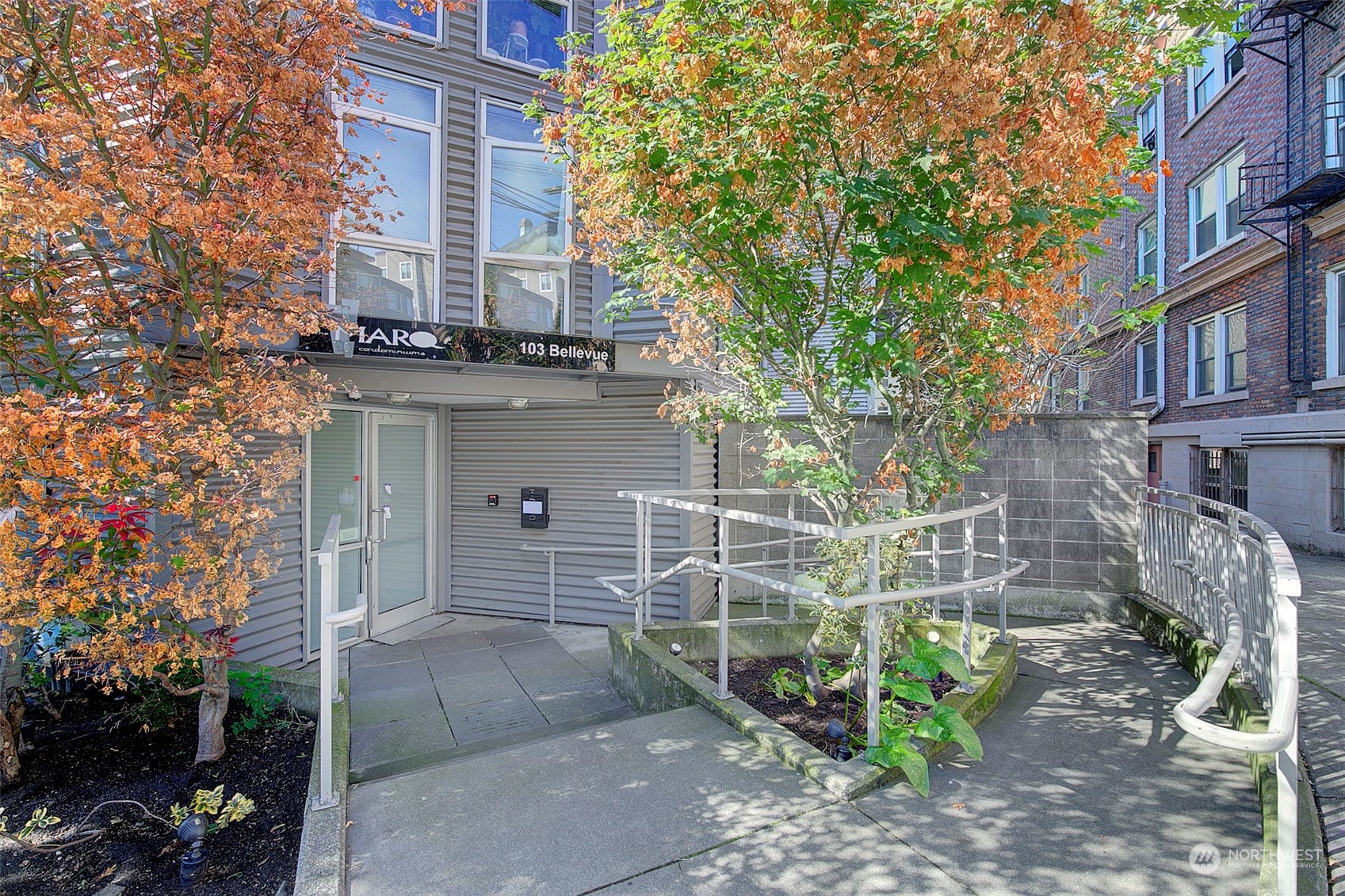 The front entry of the building is secure, with an electronic entry key pad.  A ramp is seamlessly integrated into the entry area for a no-steps approach.