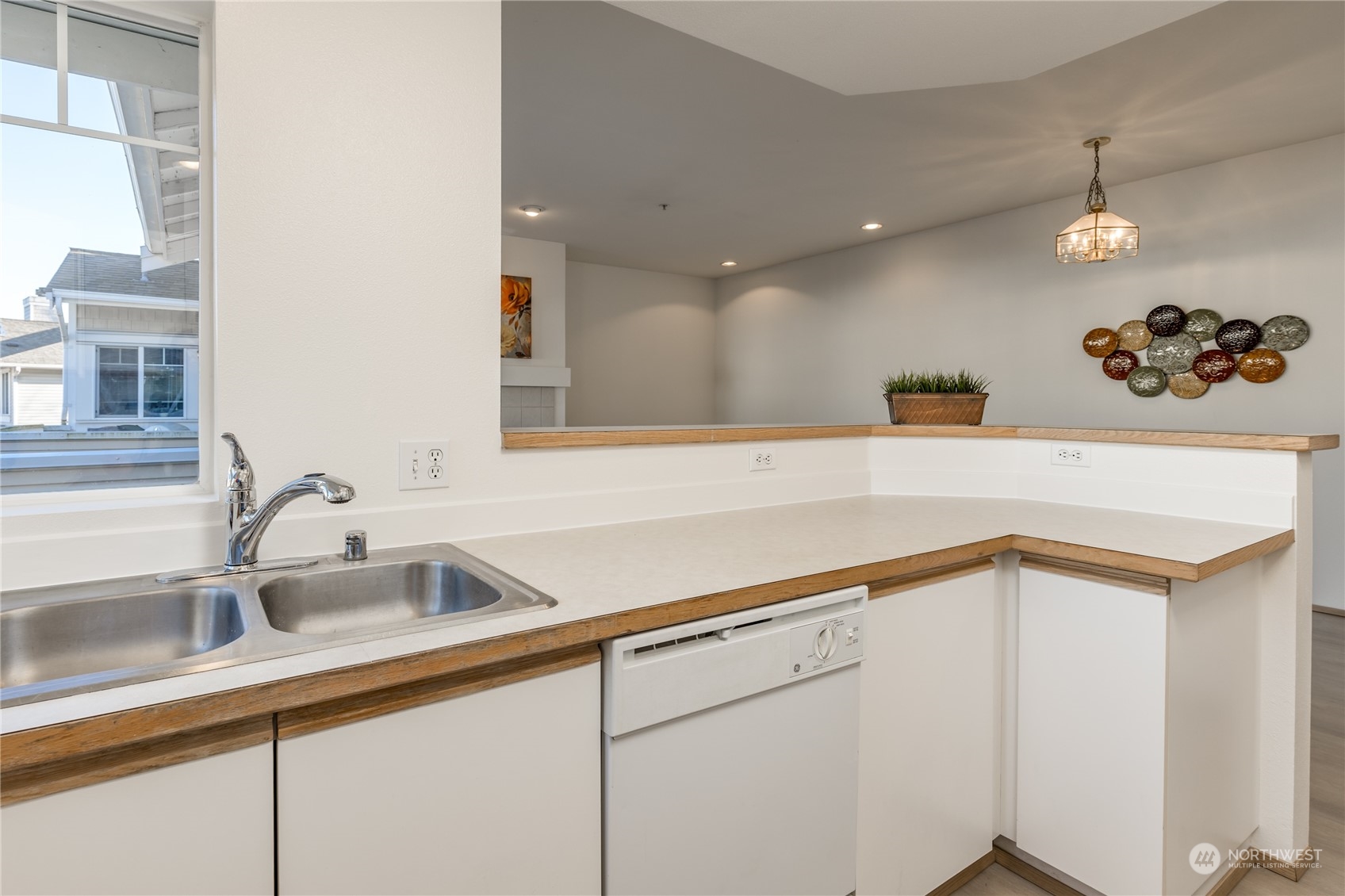 Kitchen overlooks the living room