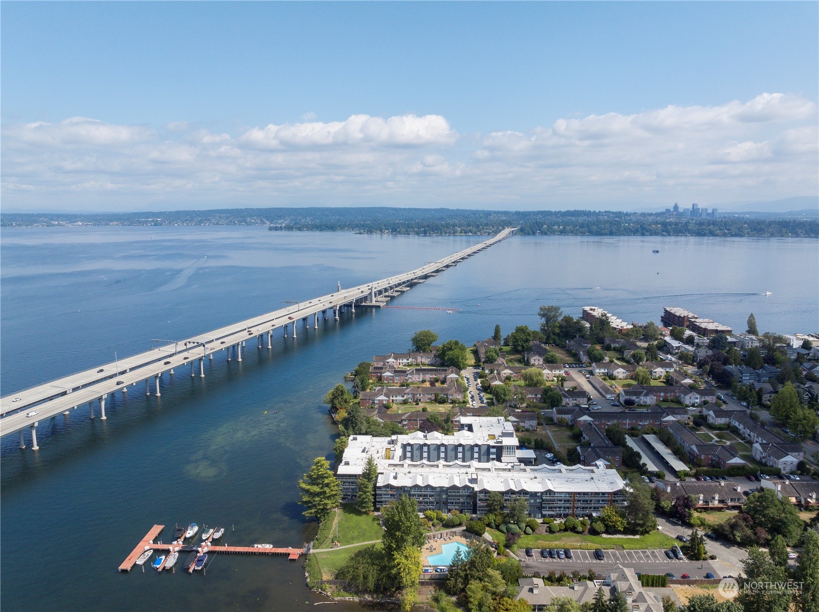 Aerial view of Canterbury Shores condo complex & Lake Washington