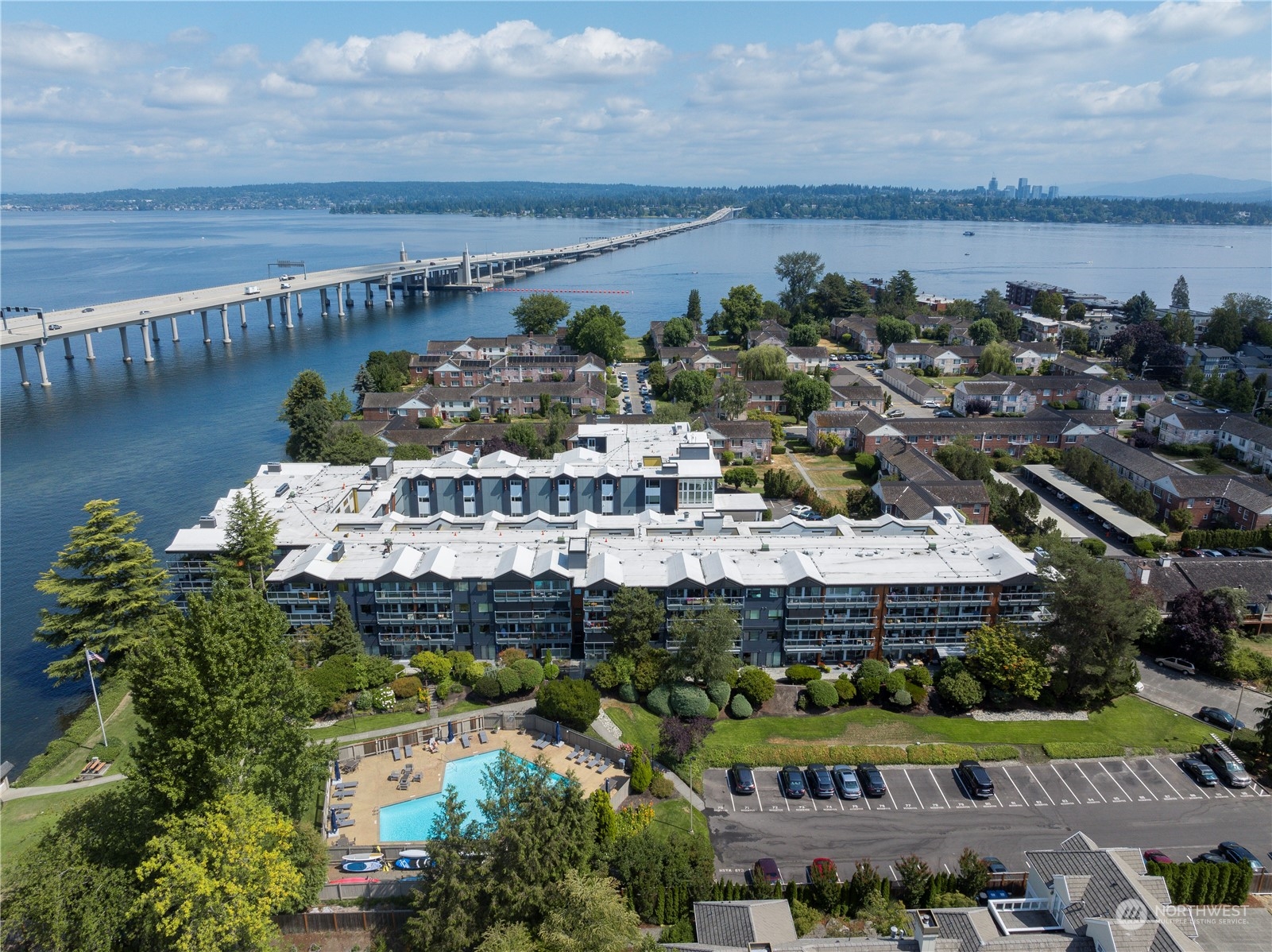 Aerial view of Canterbury Shores condo complex & Lake Washington