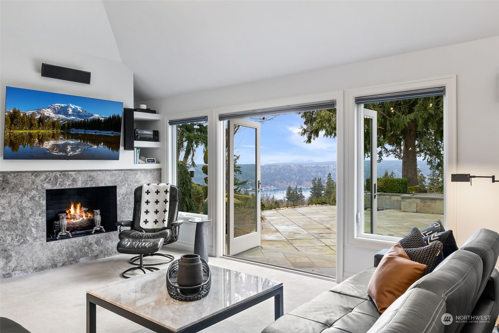 Family room with gas fireplace.