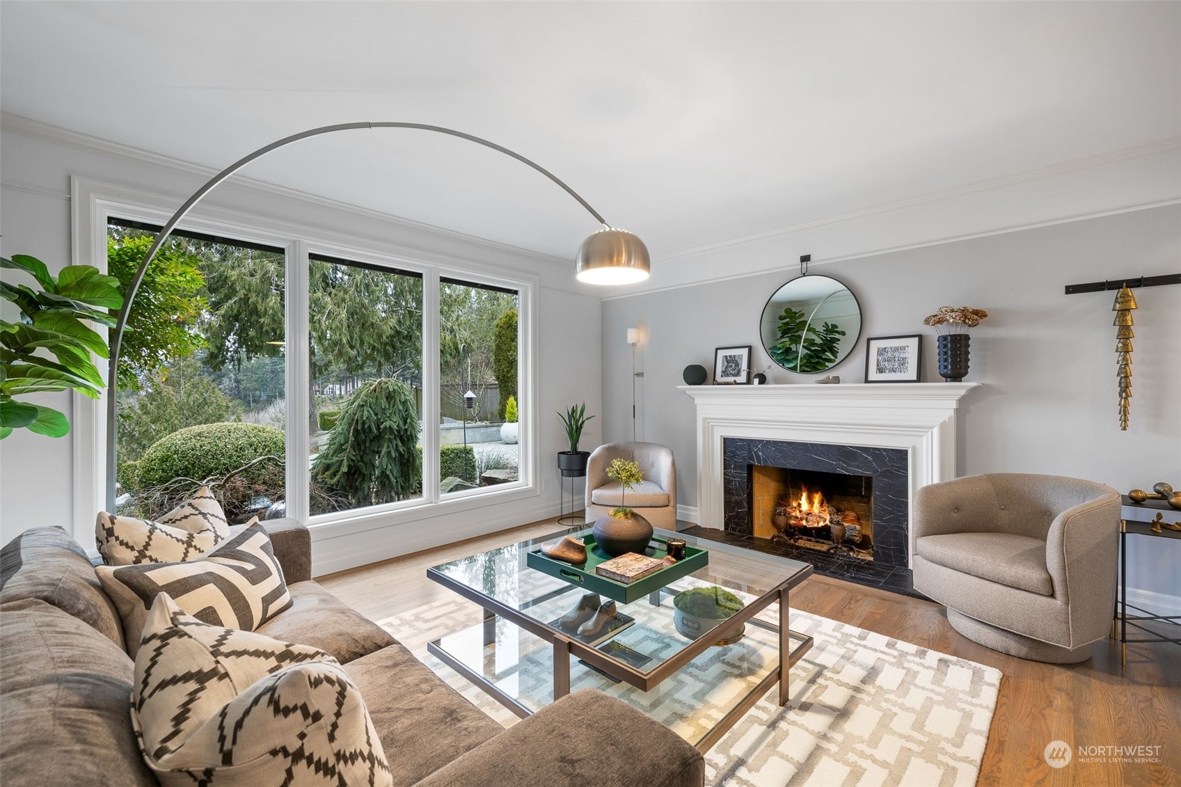 Living room with gas fireplace.