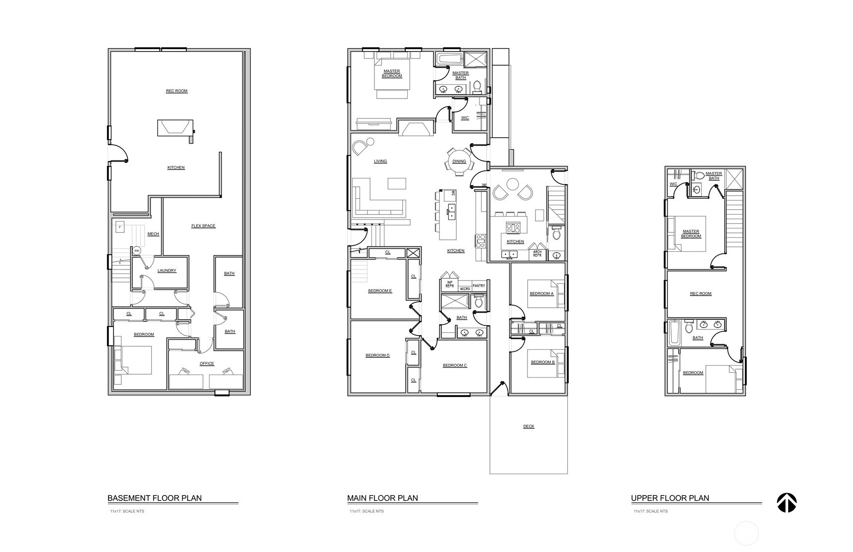 Floor plan of lower, main, and top floors of the house.