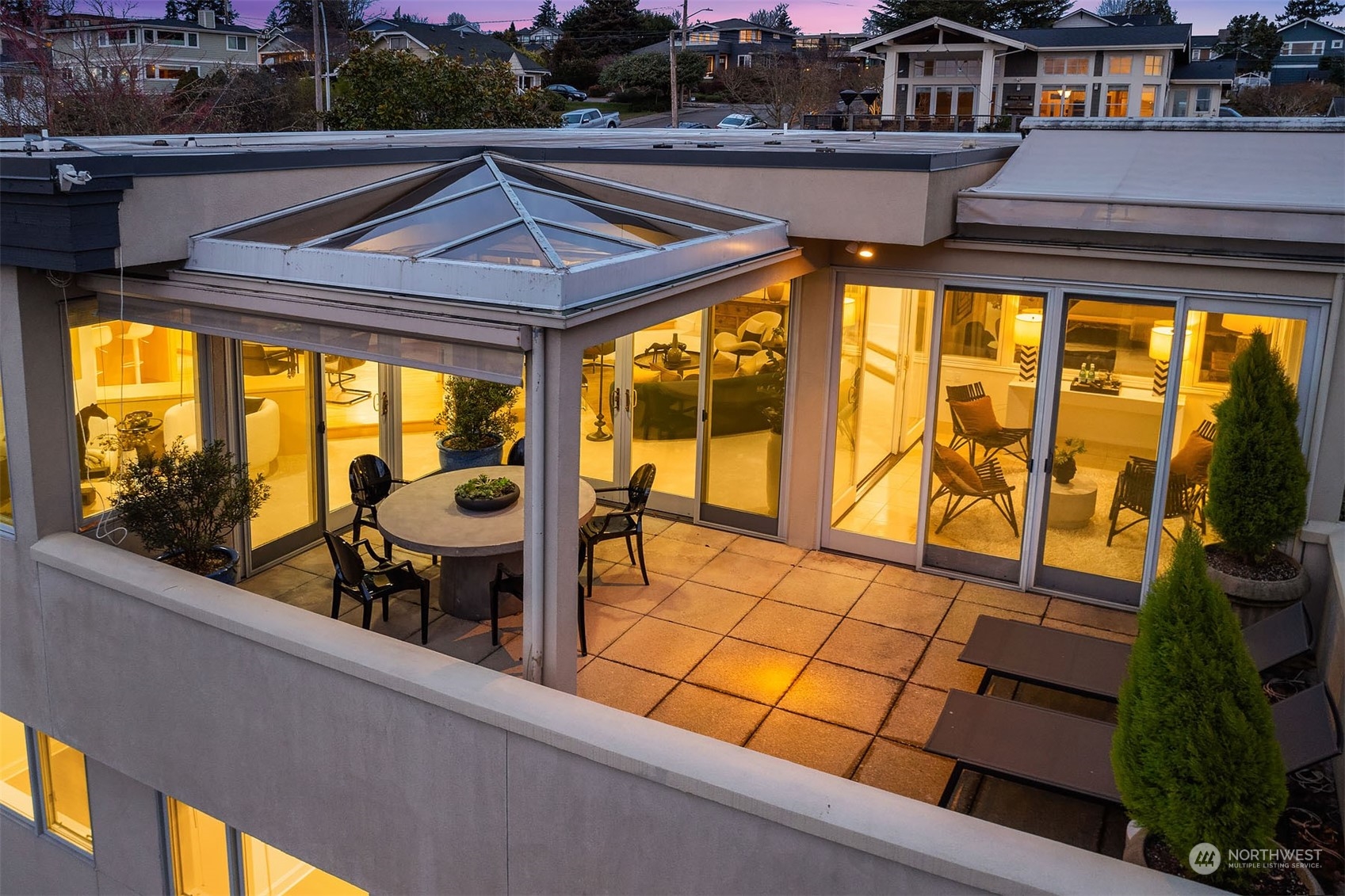 Night views of the patio and green room spaces.