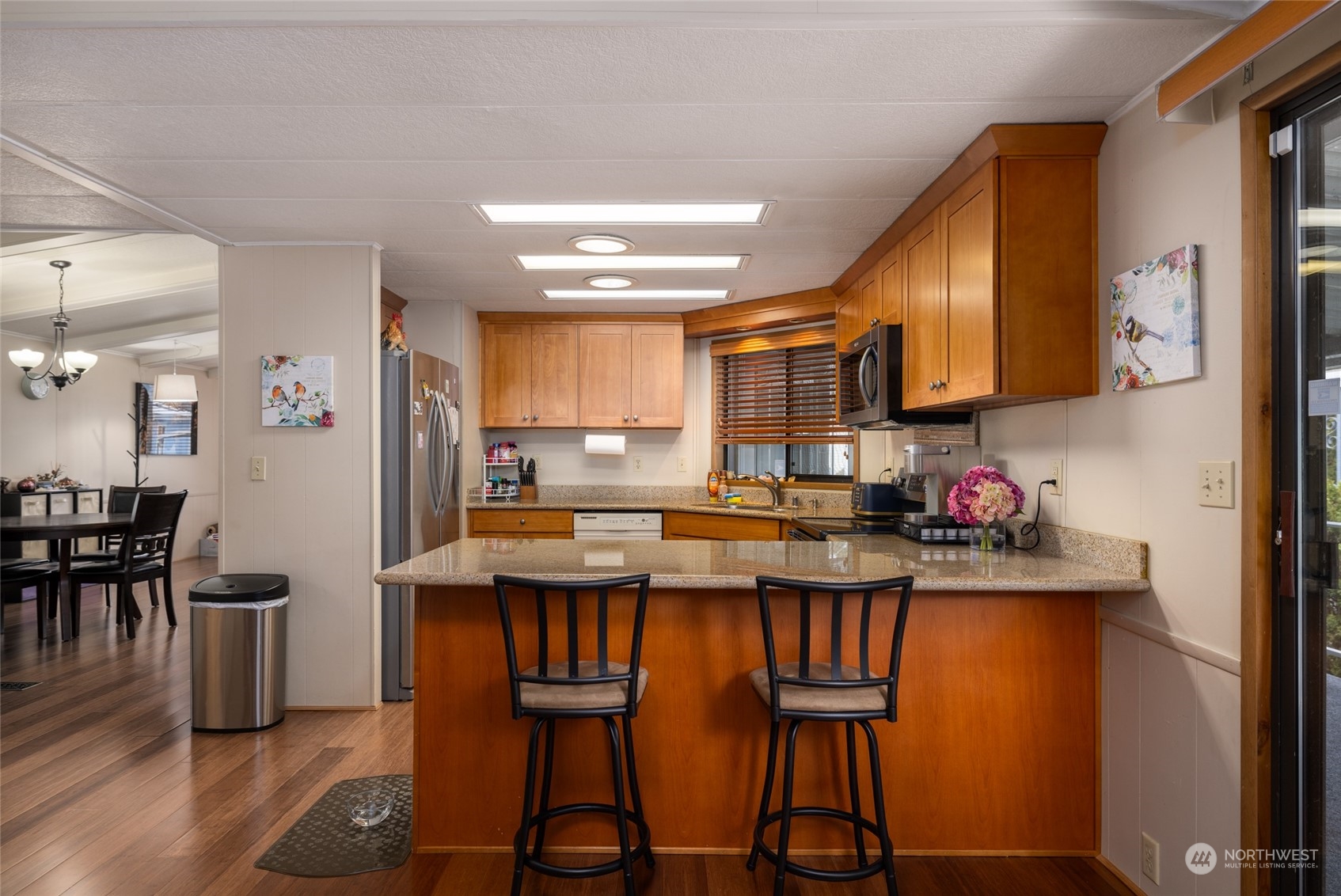 Eat-in kitchen and a view to the dining space